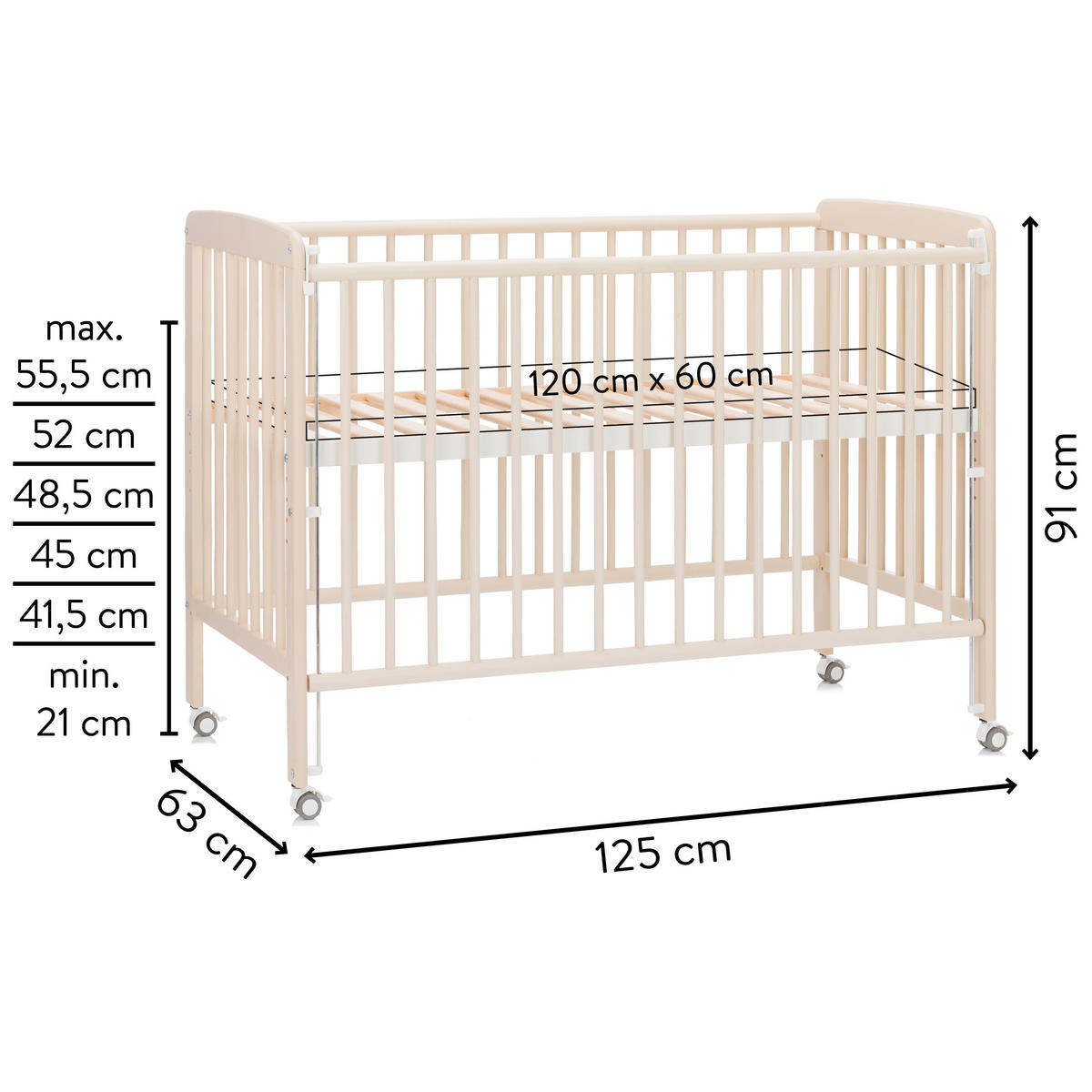 BEISTELLBETT  124/63/91 cm  - Champagner, Basics, Holz (124/63/91cm) - Jimmylee