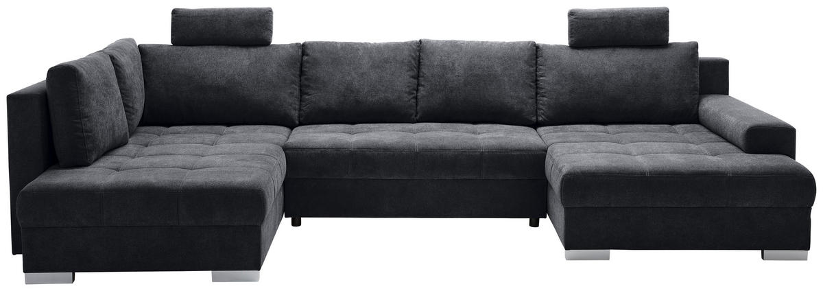 WOHNLANDSCHAFT Schwarz Velours  - Chromfarben/Schwarz, KONVENTIONELL, Kunststoff/Textil (198/363/170cm) - Hom`in