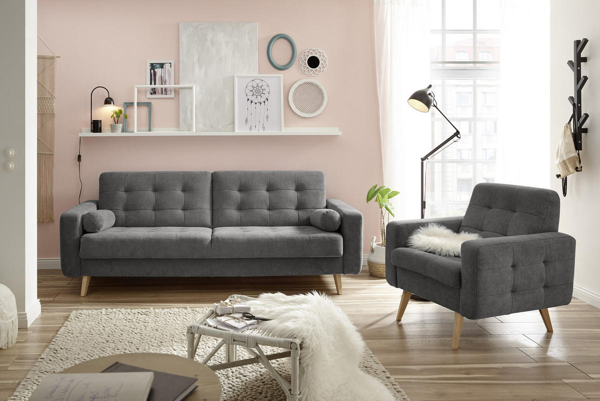 SCHLAFSOFA Mikrovelours Grau  - Schlammfarben/Eichefarben, MODERN, Holz/Textil (222/86/90cm) - MID.YOU