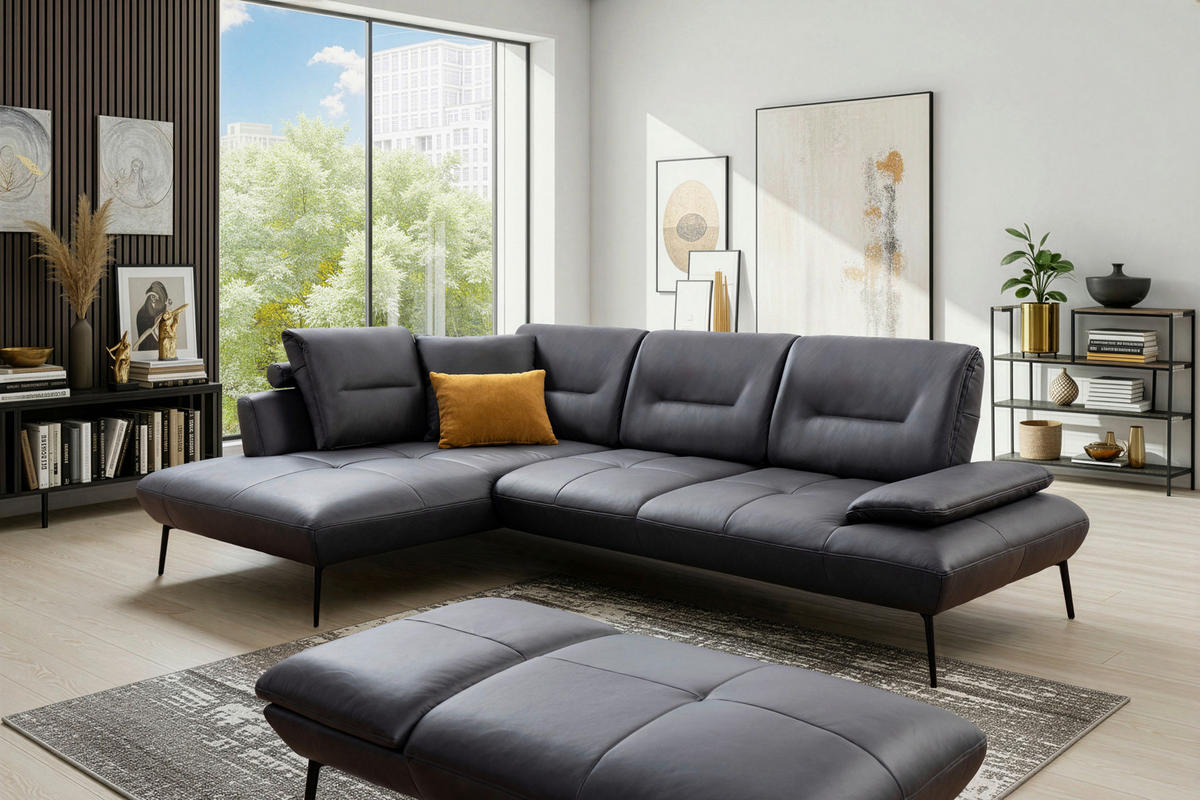 ECKSOFA Anthrazit Echtleder Rücken echt, Sitztiefenverstellung  - Anthrazit/Schwarz, Design, Leder/Metall (190/320cm) - Moderano