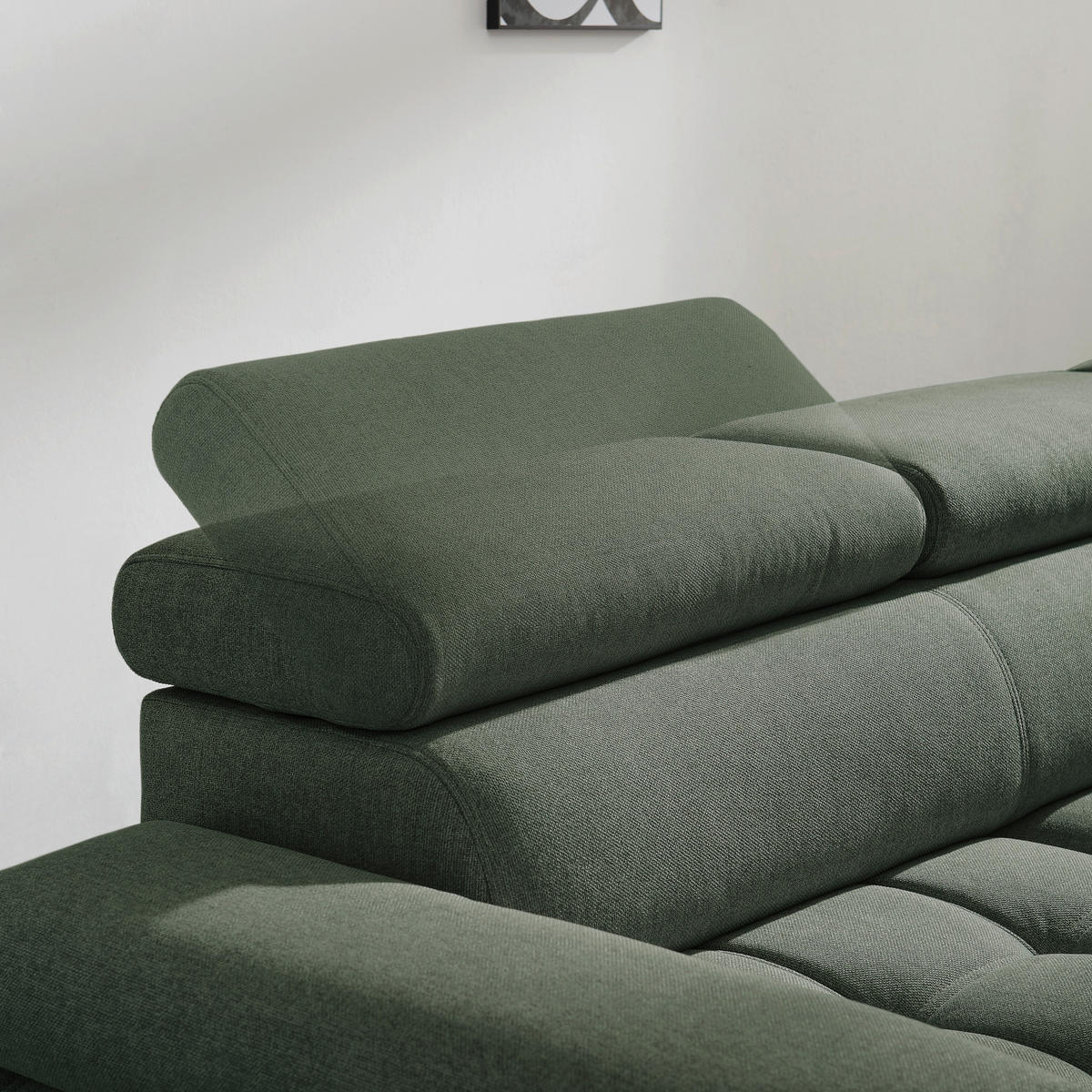 CloseUp von Welnova ECKSOFA Dunkelgrün Webstoff.