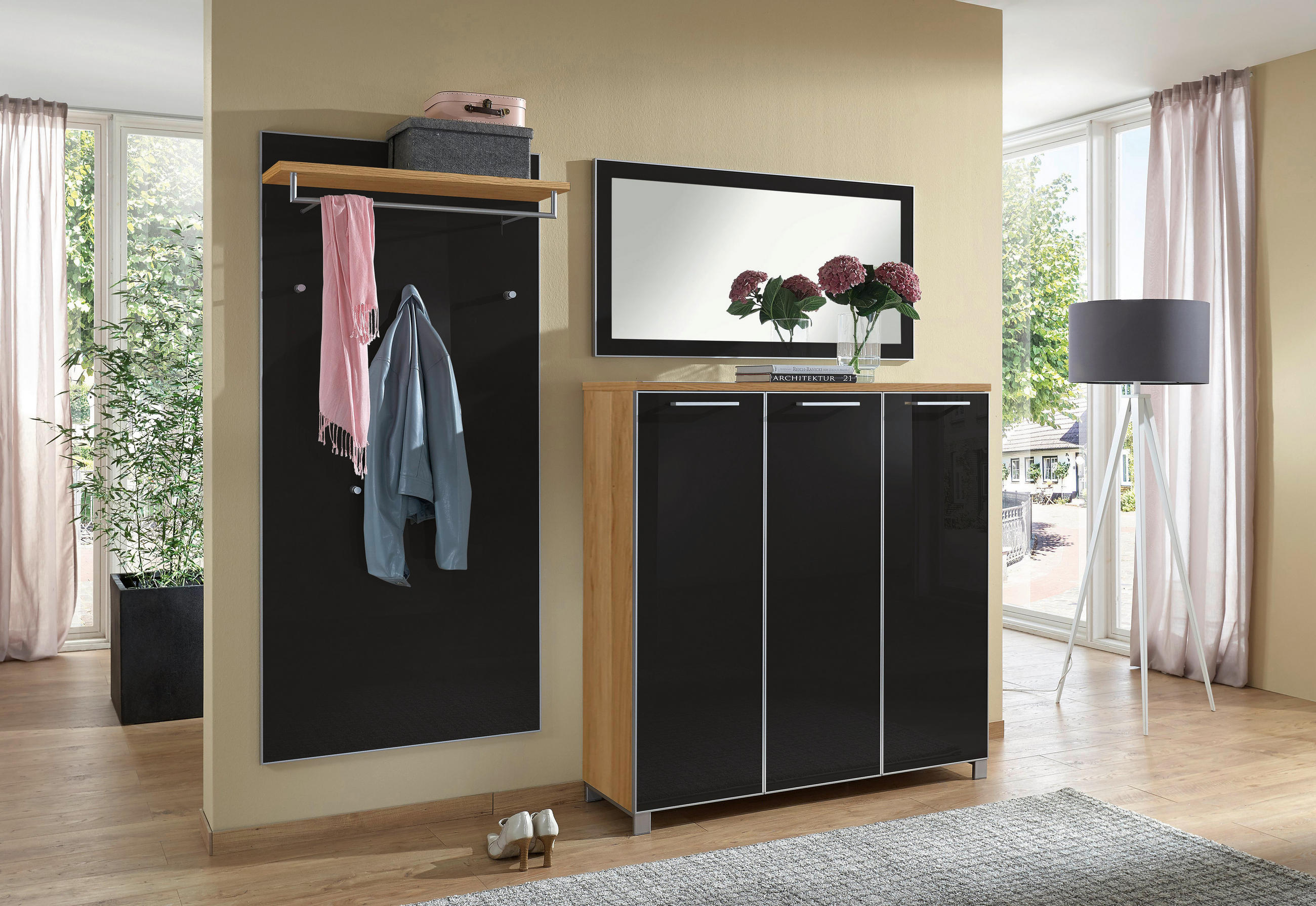 GARDEROBE Anthrazit, Eichefarben - Eichefarben/Anthrazit, Design, Glas/Holz (215/195/37cm)