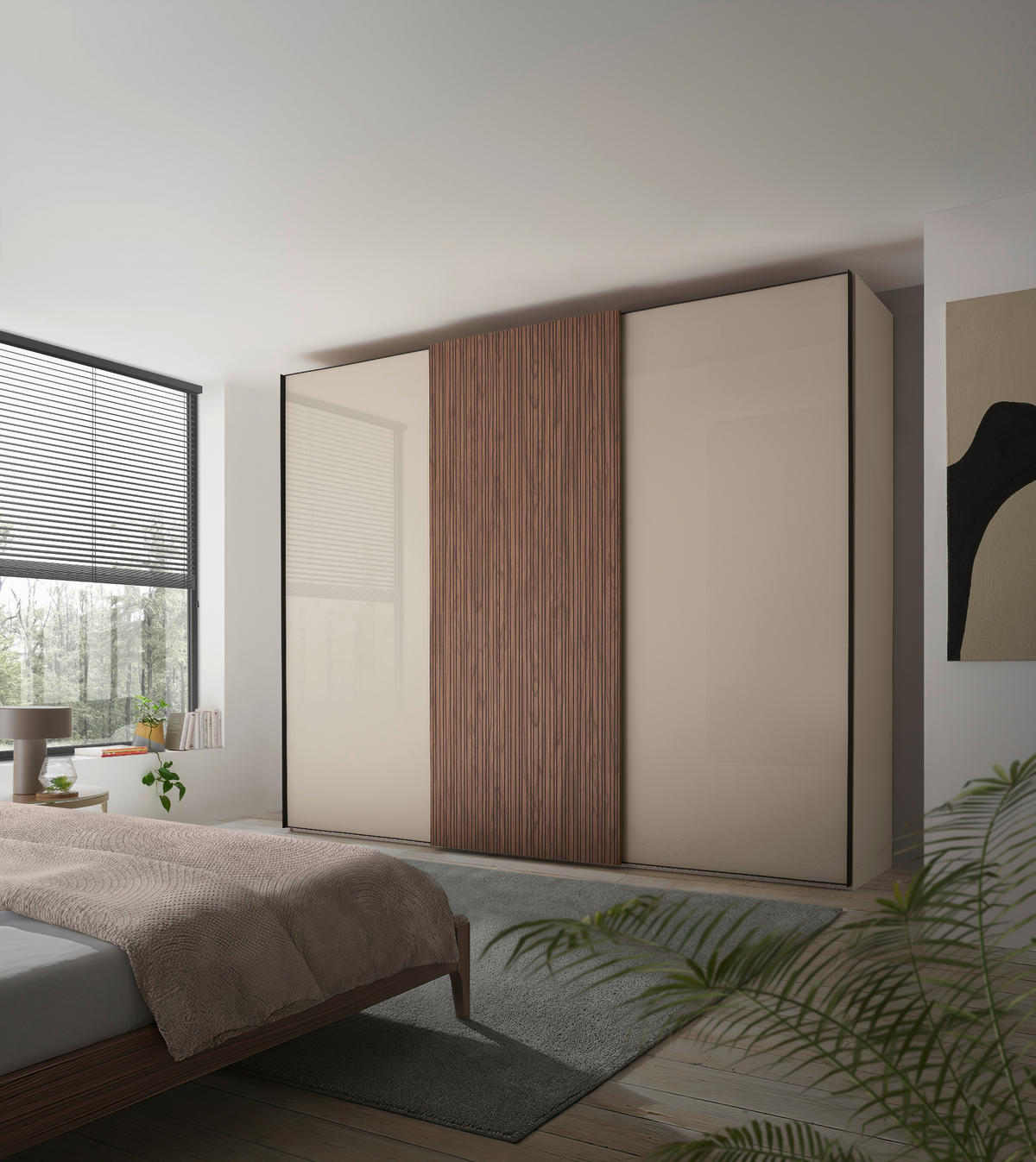 SCHWEBETÜRENSCHRANK  in Sandfarben, Eiche dunkel  - Sandfarben/Eiche dunkel, Design, Glas/Holzwerkstoff (298/240/68cm) - Dieter Knoll