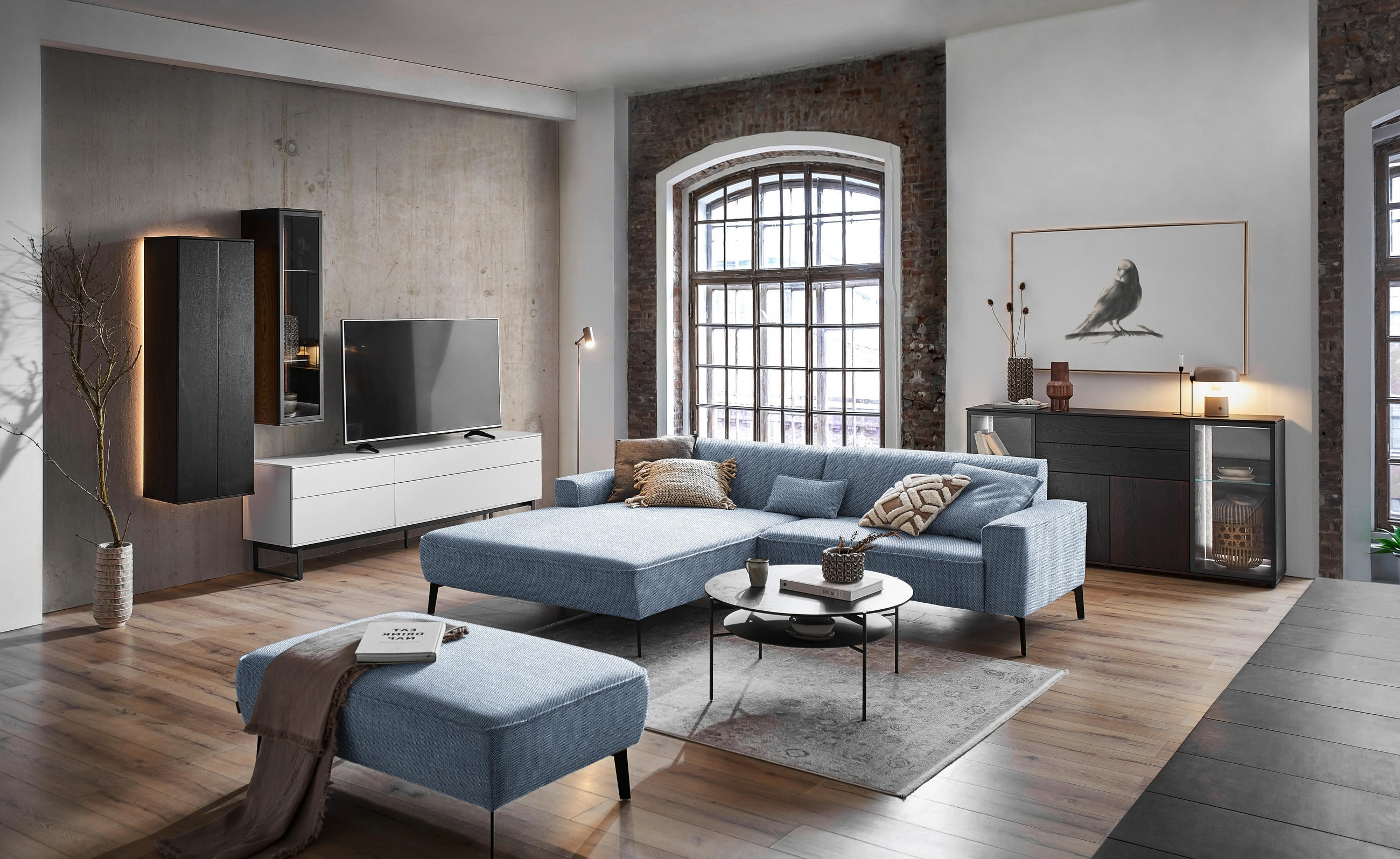 ECKSOFA in Flachgewebe Blau  - Blau/Schwarz, Design, Textil/Metall (190/285cm) - Johann Jakob