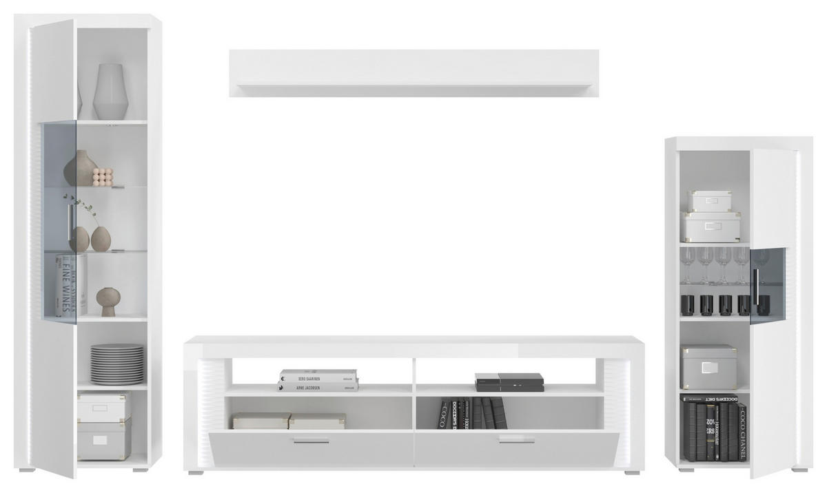 OBÝVACÍ STĚNA, vysoce lesklá bílá - barvy stříbra/vysoce lesklá bílá, Design, kompozitní dřevo/plast (351/202/46cm) - MID.YOU