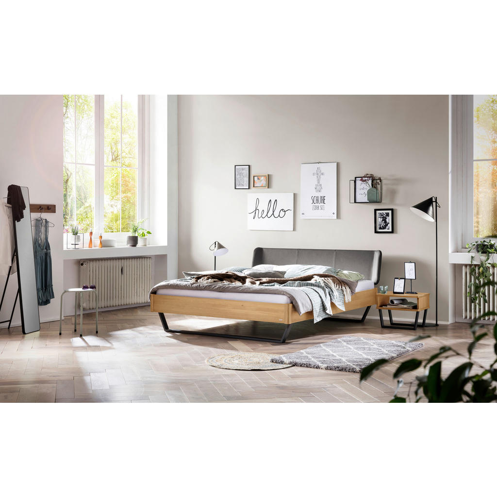 Thumbnail - Hasena Bett, Anthrazit, Eiche, Dunkelgrau, Holz, Textil, Eiche, massiv, Höhe ca. 22 cm, 140x200 cm, gepolstertes Kopftei...