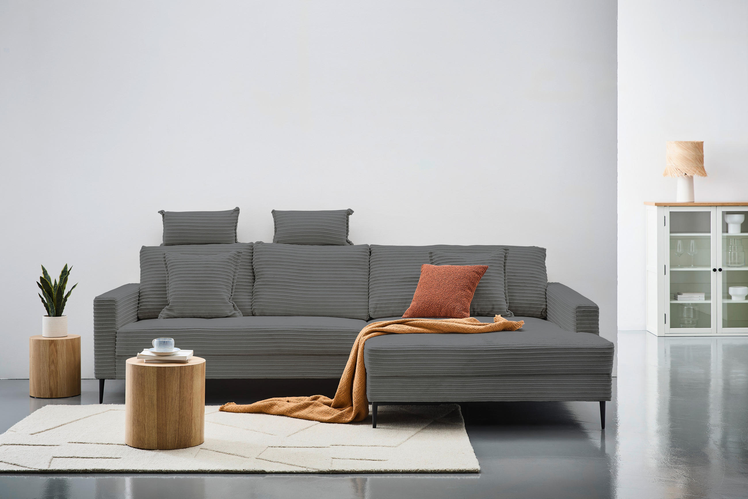 ECKSOFA Grau Cord  - Schwarz/Grau, KONVENTIONELL, Textil/Metall (276/173cm) - Carryhome