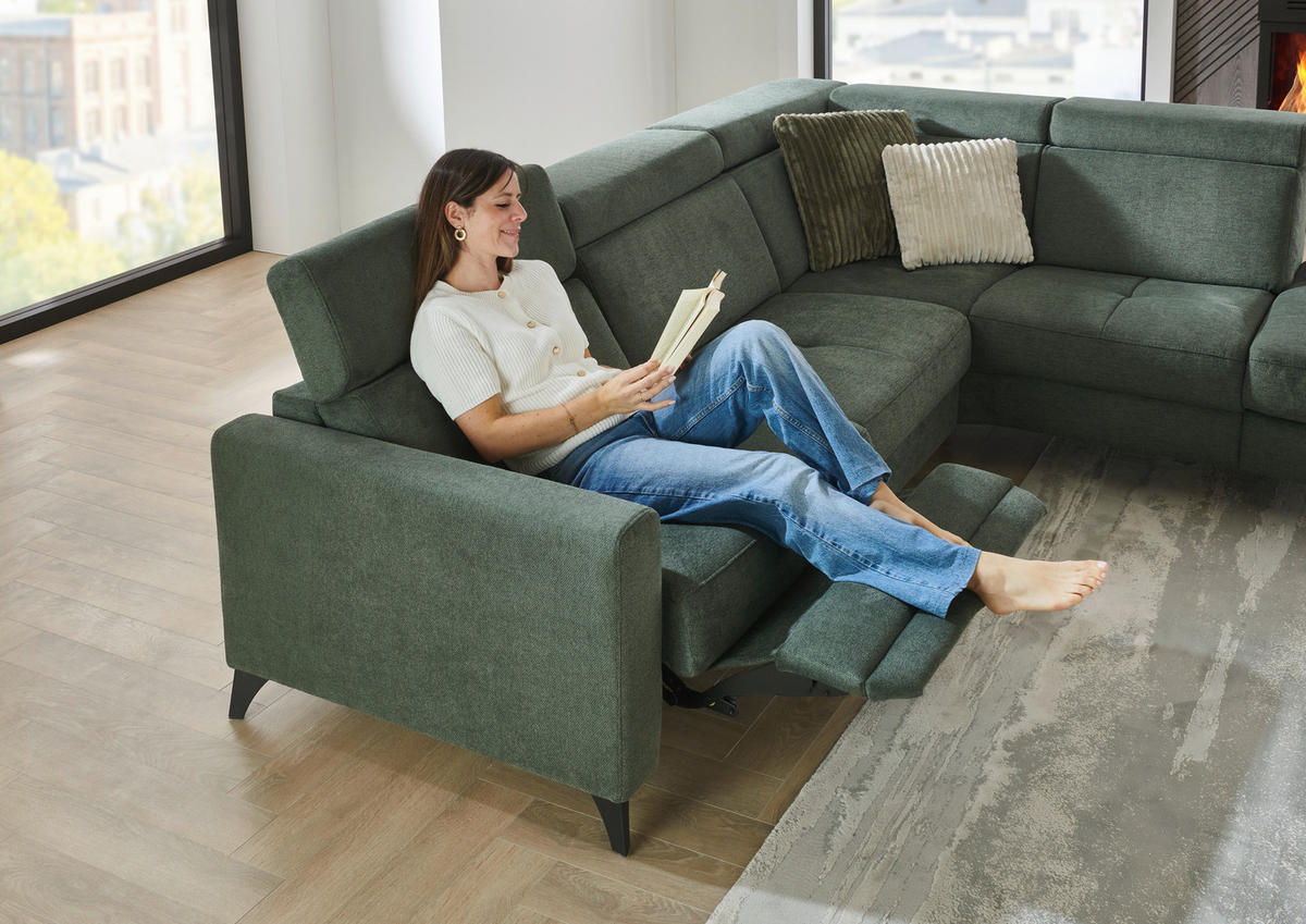 ECKSOFA Beldomo System Dunkelgrün Flachgewebe Kopfteilverstellung  - Dunkelgrün/Schwarz, KONVENTIONELL, Textil/Metall (276/214cm) - Beldomo System