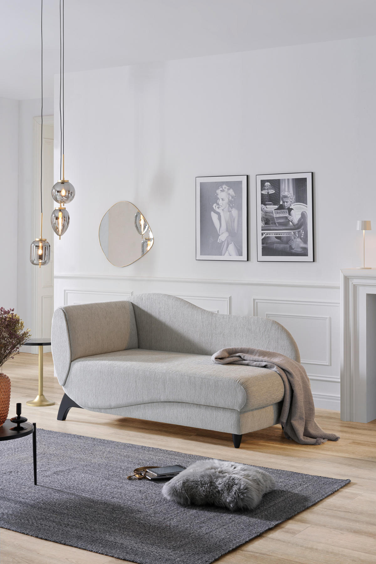 RÉCAMIERE in Webstoff Hellgrau  - Hellgrau/Schwarz, Modern, Holz/Textil (84/87/171-190cm) - Joka