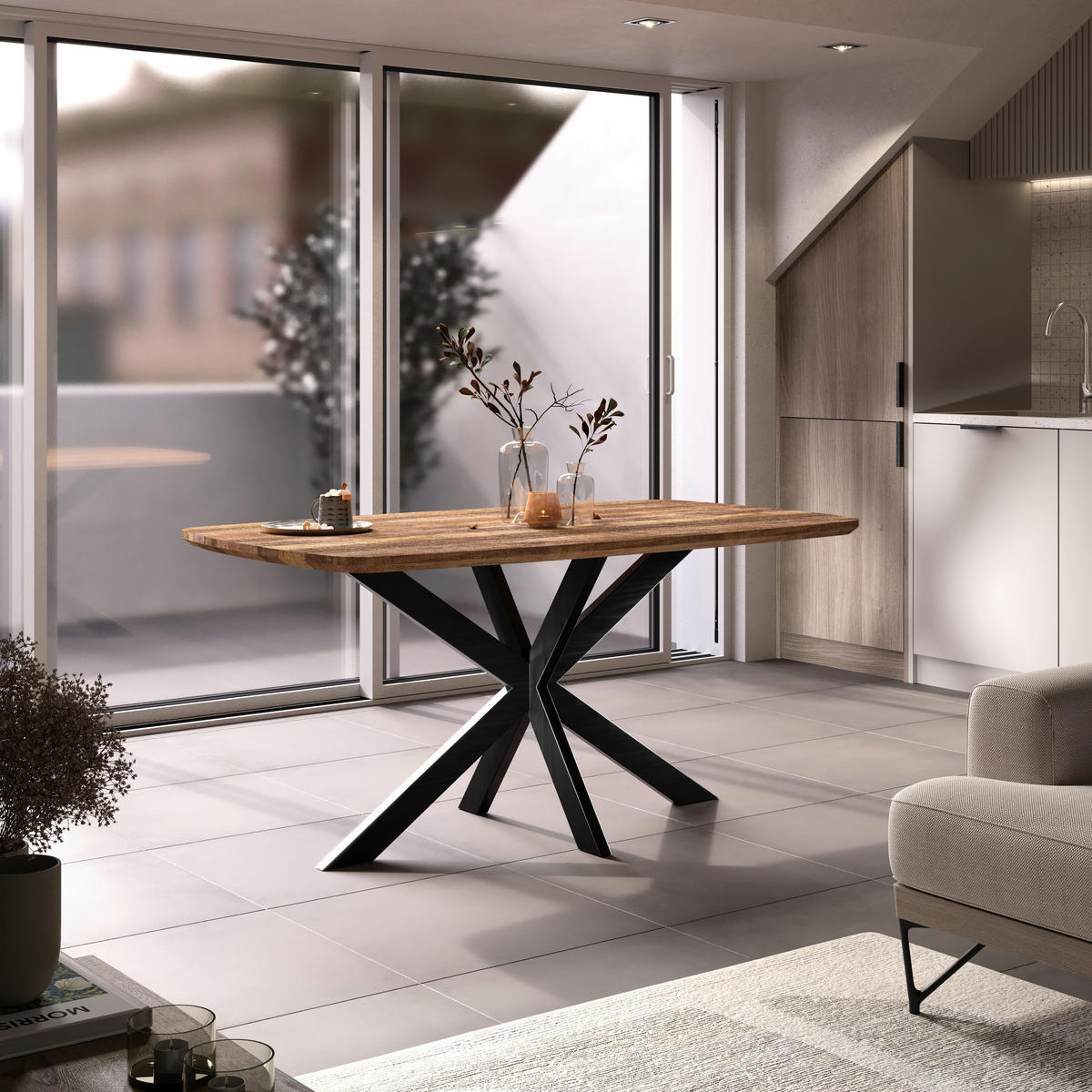 JEDILNA MIZA, masivno mangov les rjava, bežrjava  - bežrjava/črna, Konvencionalno, kovina/les (160/90/77cm) - MID.YOU