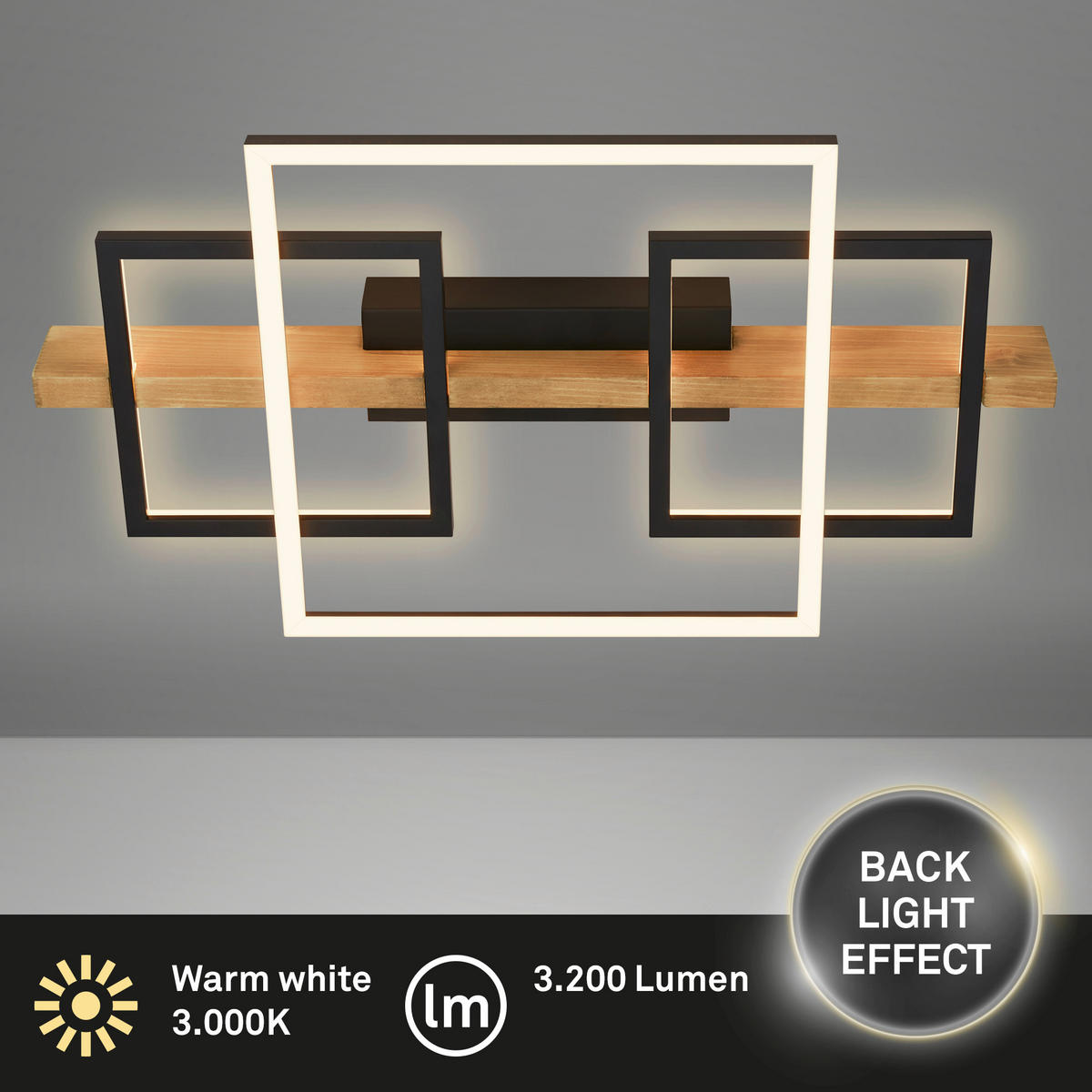 LED-DECKENLEUCHTE 55/30/8 cm   - Eichefarben/Schwarz, Natur, Holz/Metall (55/30/8cm) - Briloner