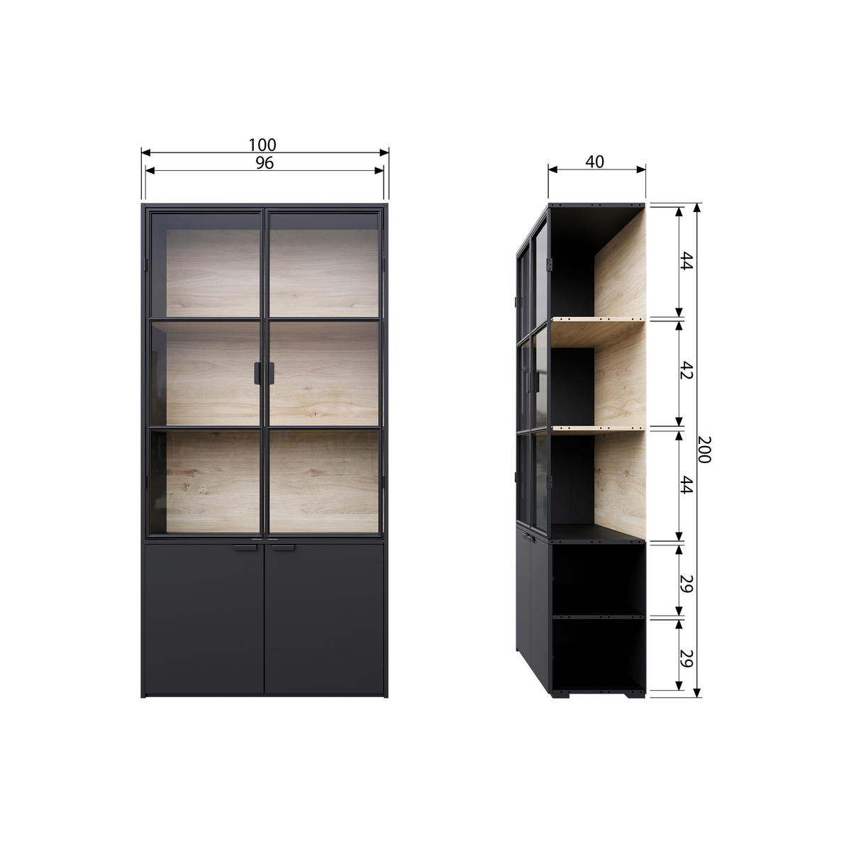 VITRINE in Kiefer Schwarz  - Schwarz, Design, Glas/Holz (100/200/40cm) - Livetastic