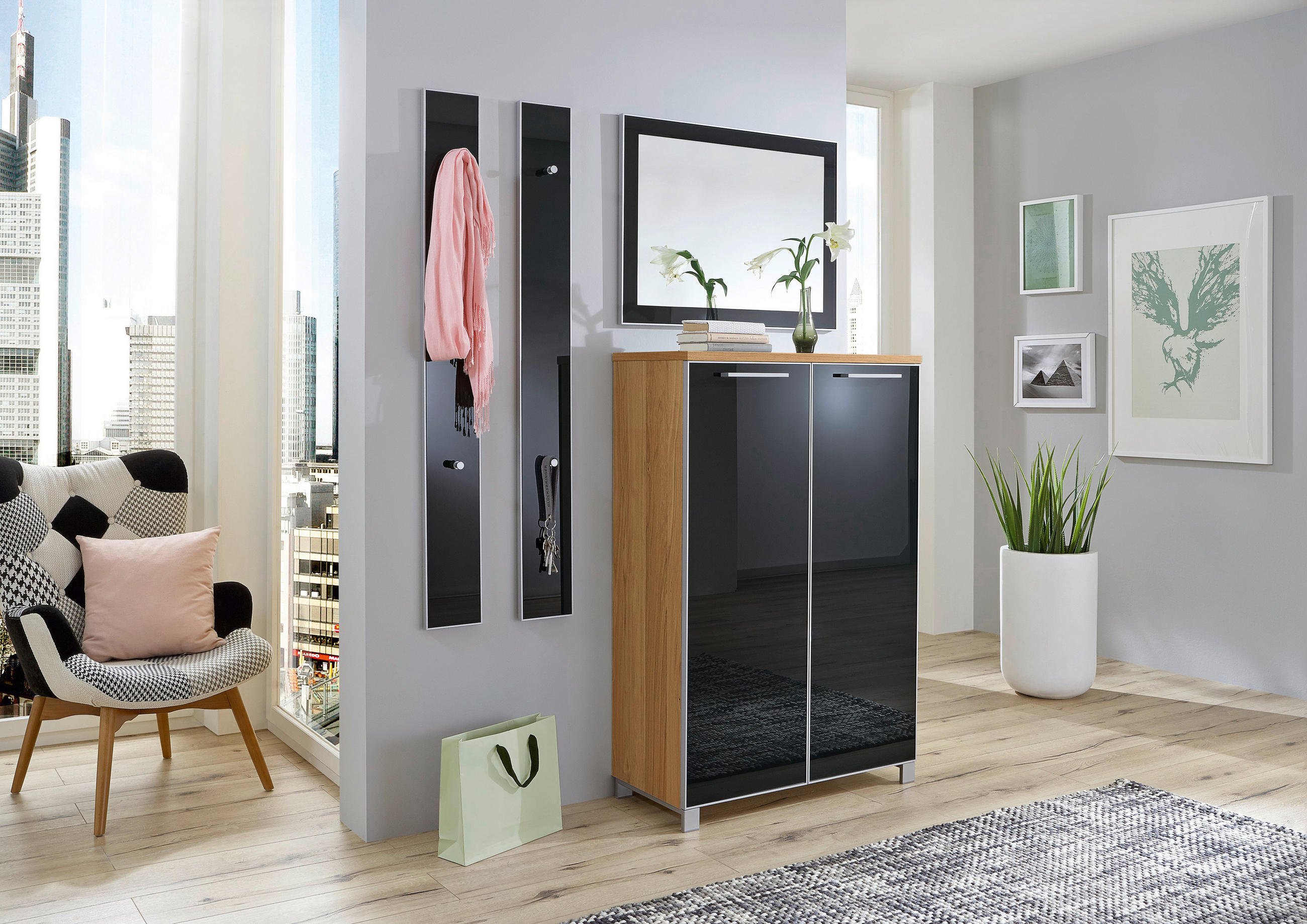 GARDEROBE 4-teilig in 135/195/37 cm - Eichefarben/Anthrazit, Design, Glas/Holz (135/195/37cm)
