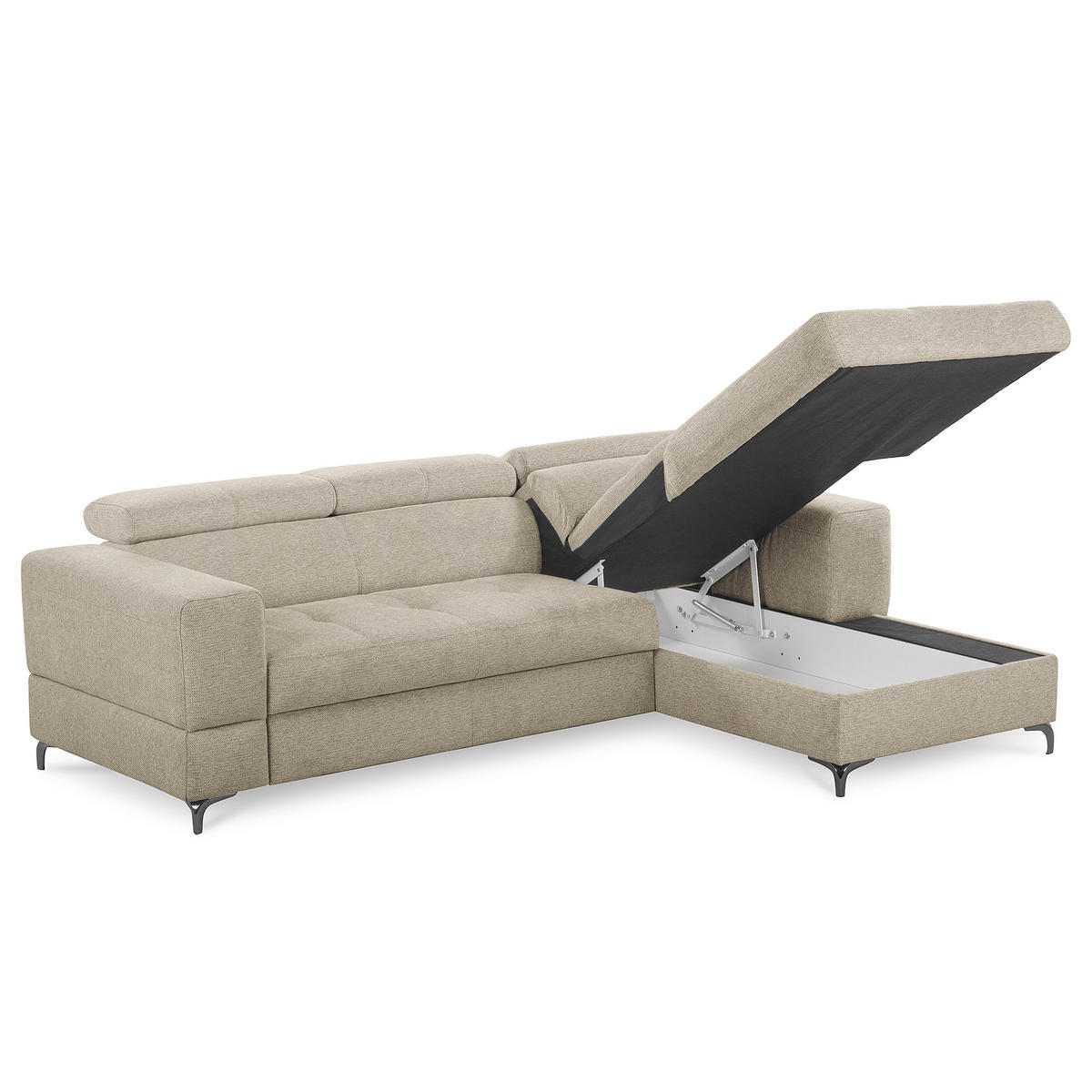 ECKSOFA TORINO Taupe Chenille Bettkasten, Kopfteilverstellung  - Taupe/Schwarzchrom, Design, Textil/Metall (247/173cm) - Livetastic