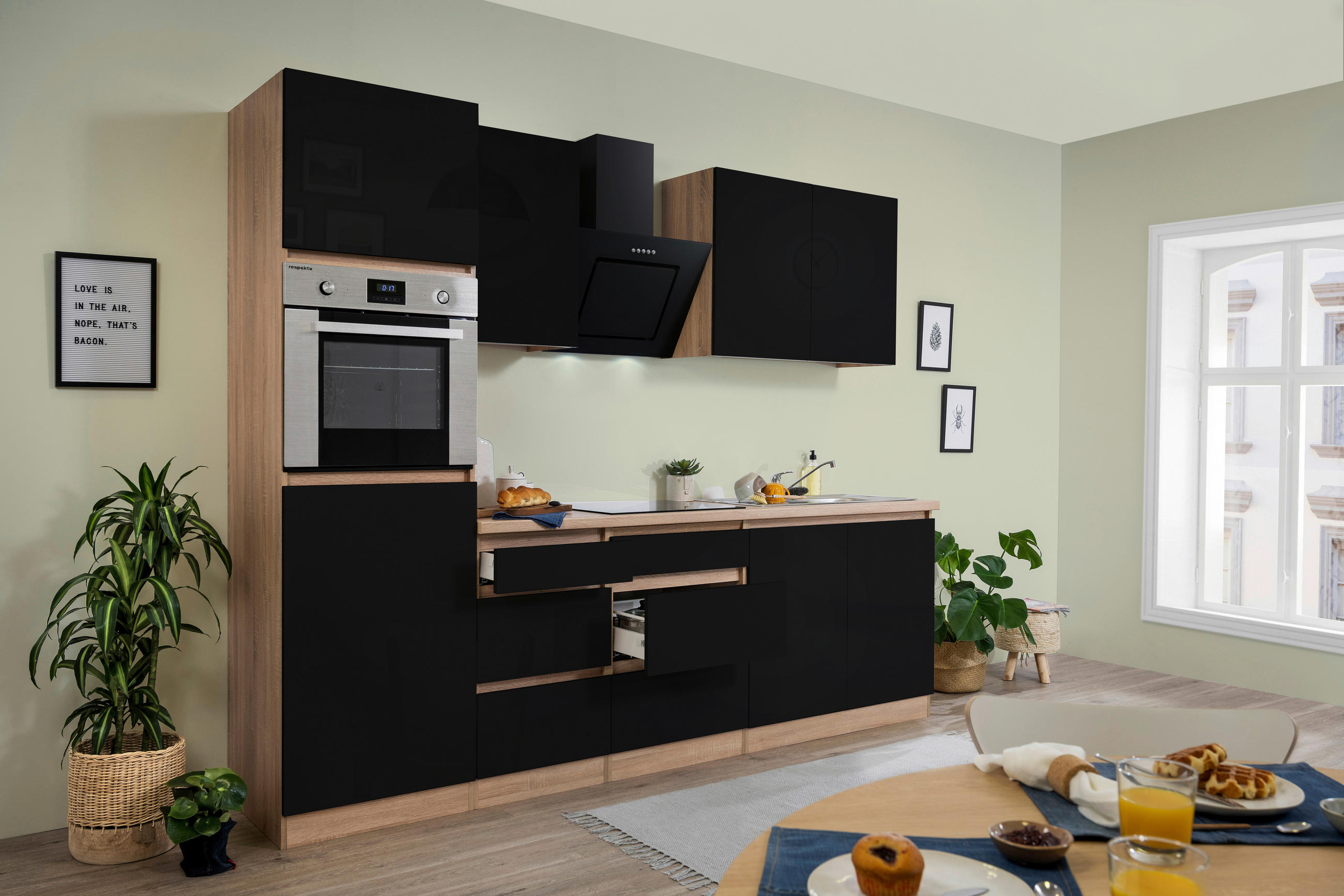 KÜCHENBLOCK 270 cm   in Eichefarben  - Eichefarben/Schwarz, MODERN, Holzwerkstoff (270cm) - Respekta