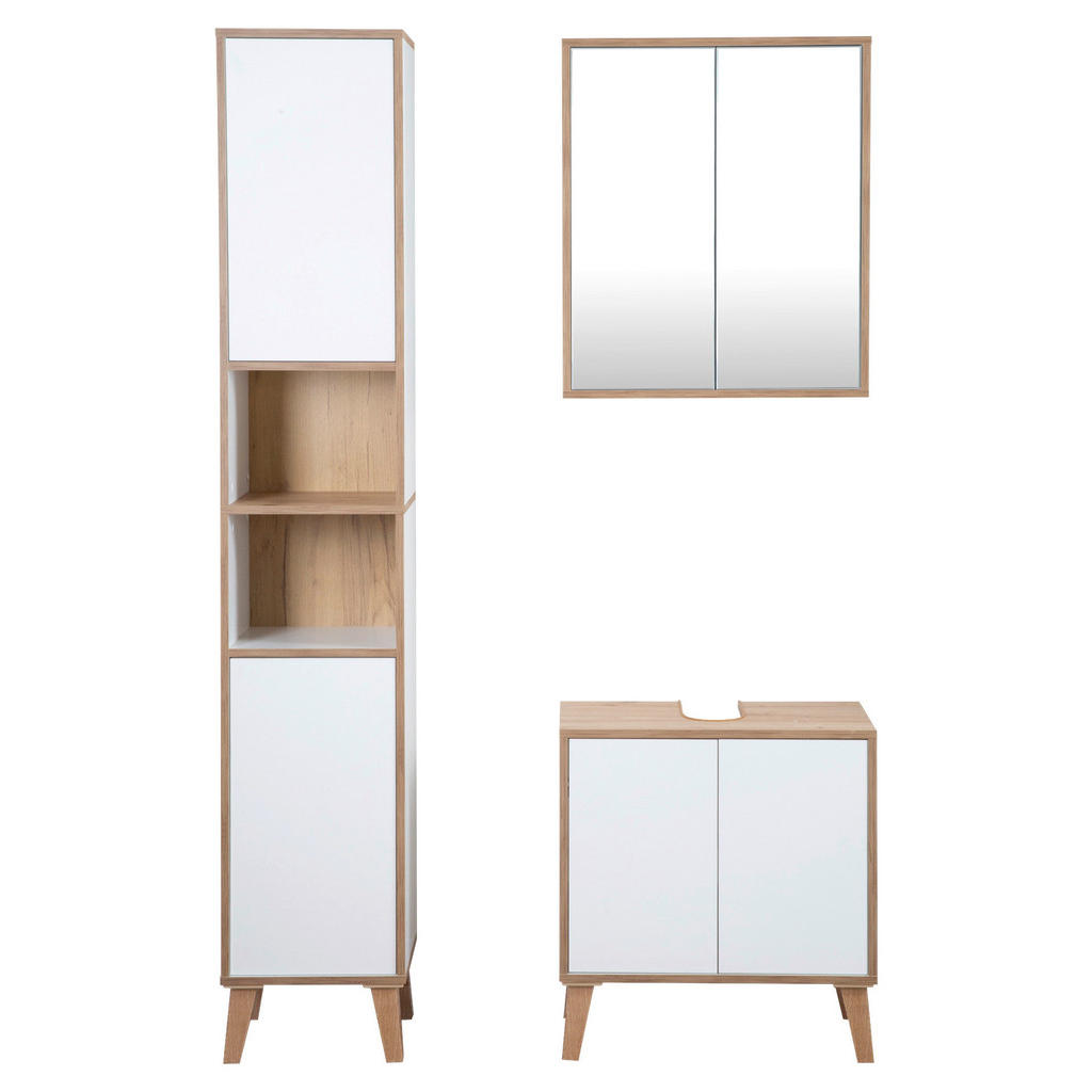 Thumbnail - Mid.you Hochschrank Morena, Weiß, Eiche Artisan, Kunststoff, Holzwerkstoff, 3 Fächer, einzeln stellbar, nur wie online a...