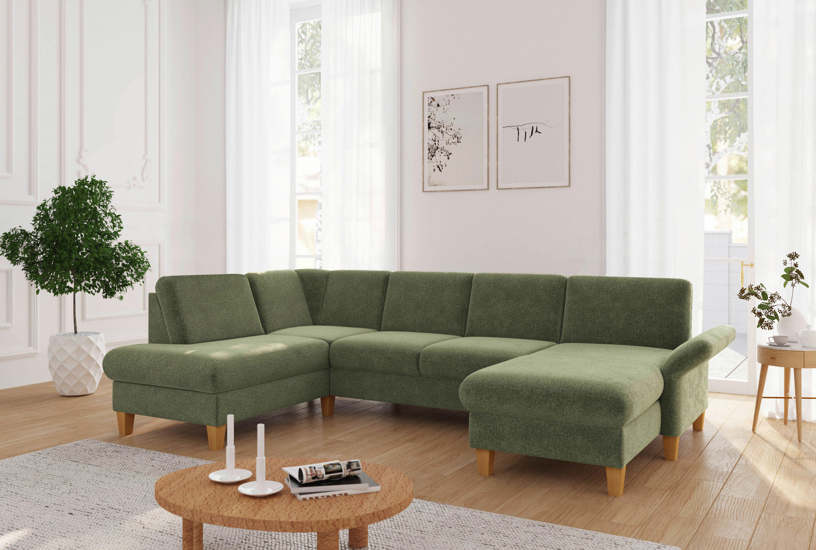 WOHNLANDSCHAFT Hellgrün Flachgewebe  - Eichefarben/Hellgrün, KONVENTIONELL, Holz/Textil (195/314/164cm) - Sit & More