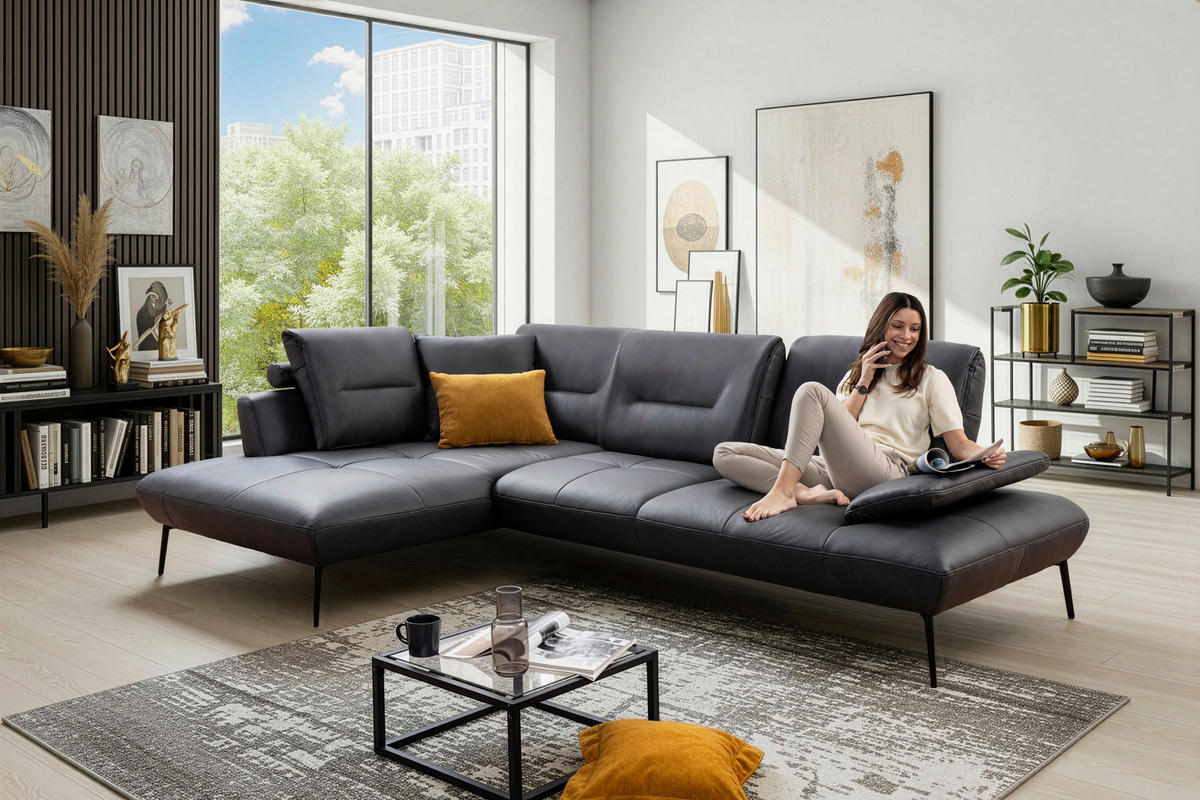 ECKSOFA Anthrazit Echtleder Rücken echt, Sitztiefenverstellung  - Anthrazit/Schwarz, Design, Leder/Metall (190/320cm) - Moderano
