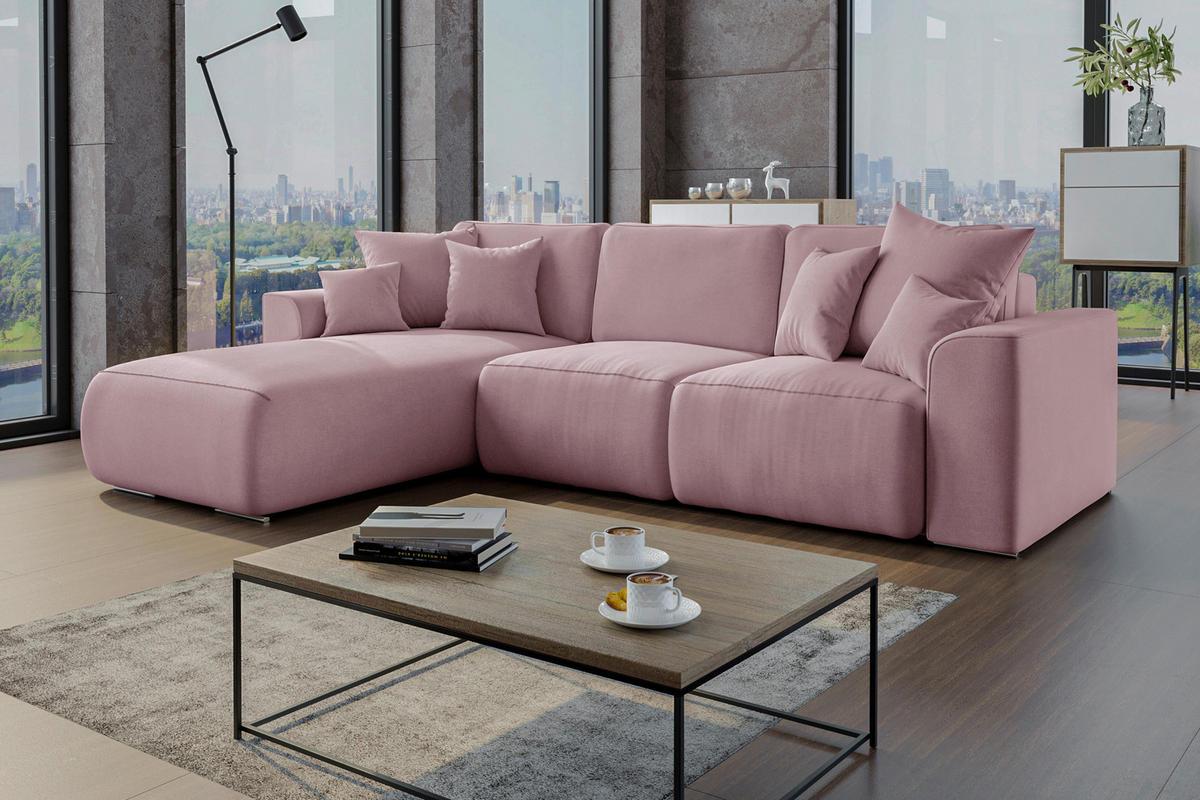 ECKSOFA Rosa Velours Zierkissen, Rückenkissen, Bettkasten, Schlaffunktion, Rücken echt, Liegefläche im Originalstoff  - Chromfarben/Rosa, KONVENTIONELL, Kunststoff/Textil (195/293cm) - Carryhome