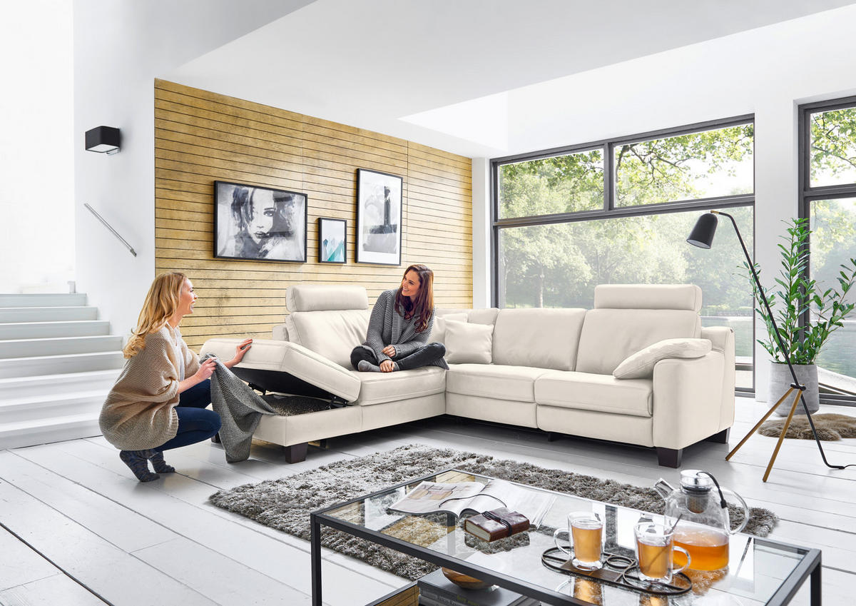 ECKSOFA in Echtleder Creme  - Eichefarben/Creme, Design, Leder/Holz (235/259cm) - Valdera