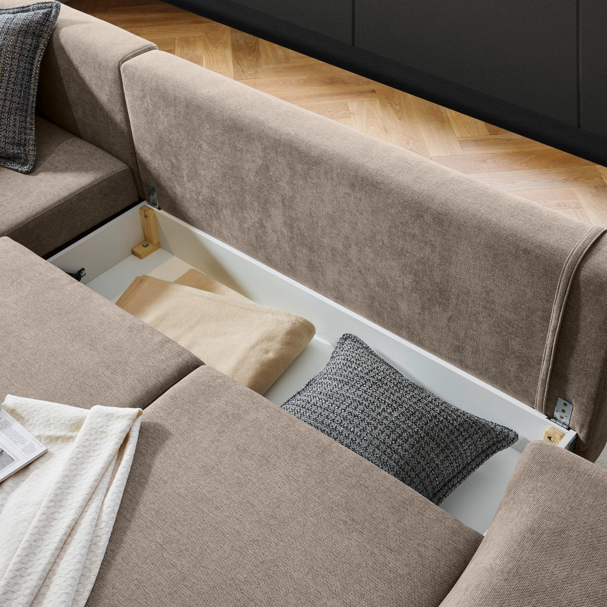 ECKSOFA inkl. Funktionen Greige Webstoff  inkl. Rückenkissen, Bettkasten, Schlaffunktion, Rücken echt  - Wengefarben/Greige, Design, Holz/Textil (211/314cm) - Stylife