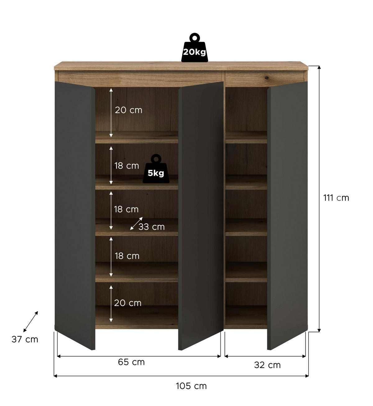 SCHUHSCHRANK Anthrazit, Eichefarben  - Eichefarben/Anthrazit, Design, Holzwerkstoff/Kunststoff (105/111/37cm) - Livetastic
