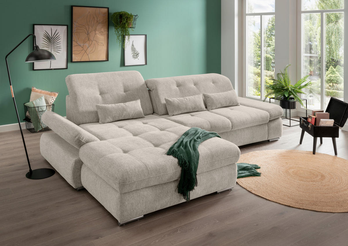 ECKSOFA in Chenille Beige  - Chromfarben/Beige, Design, Textil/Metall (196/300cm) - Livetastic