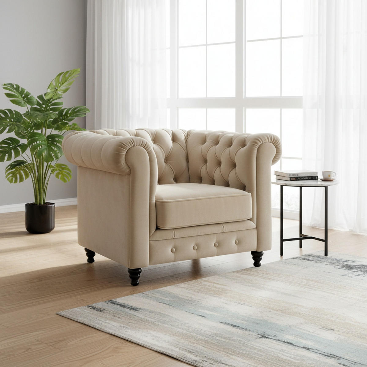 CHESTERFIELD-SESSEL - Beige/Schwarz, Basics, Holz/Textil (102/73/87cm) - Xora