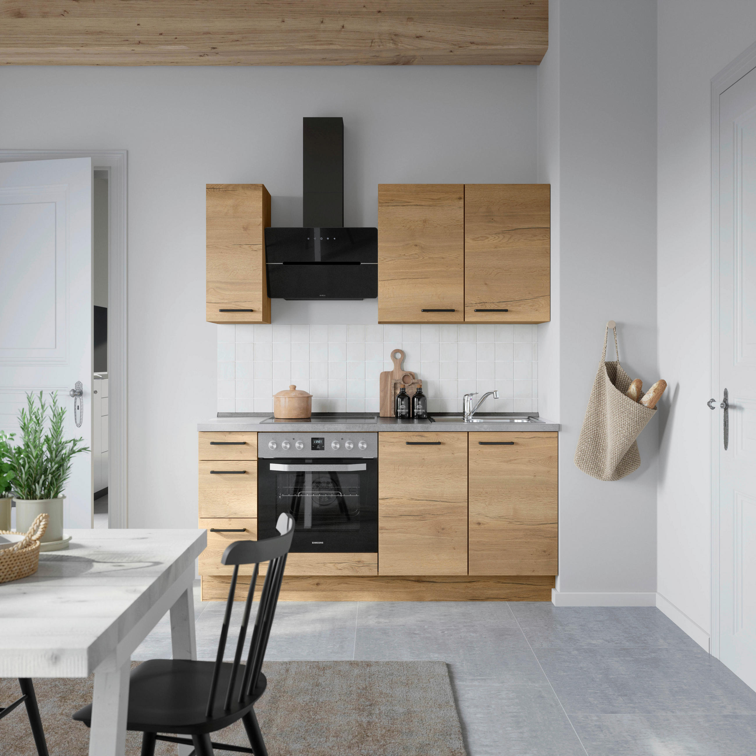 KUHINJSKI BLOK BREZ APARATOV - črna/barve hrasta, Moderno, kovina/leseni material (180cm) - Celina Home