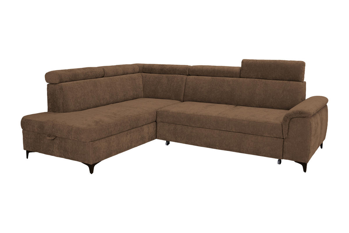 ECKSOFA Braun Chenille Bettkasten, Schlaffunktion, Rücken echt, Kopfteilverstellung, Liegefläche im Originalstoff  - Schwarz/Braun, KONVENTIONELL, Textil/Metall (206/265cm) - Carryhome