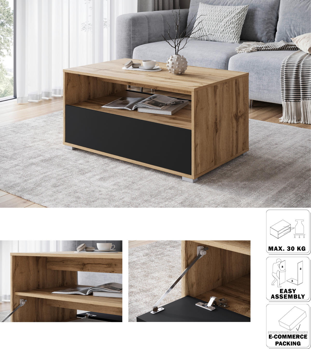 COUCHTISCH in Holzwerkstoff  - Eiche Wotan/Schwarz, Trend, Holzwerkstoff/Kunststoff (90/45/55cm) - Livetastic