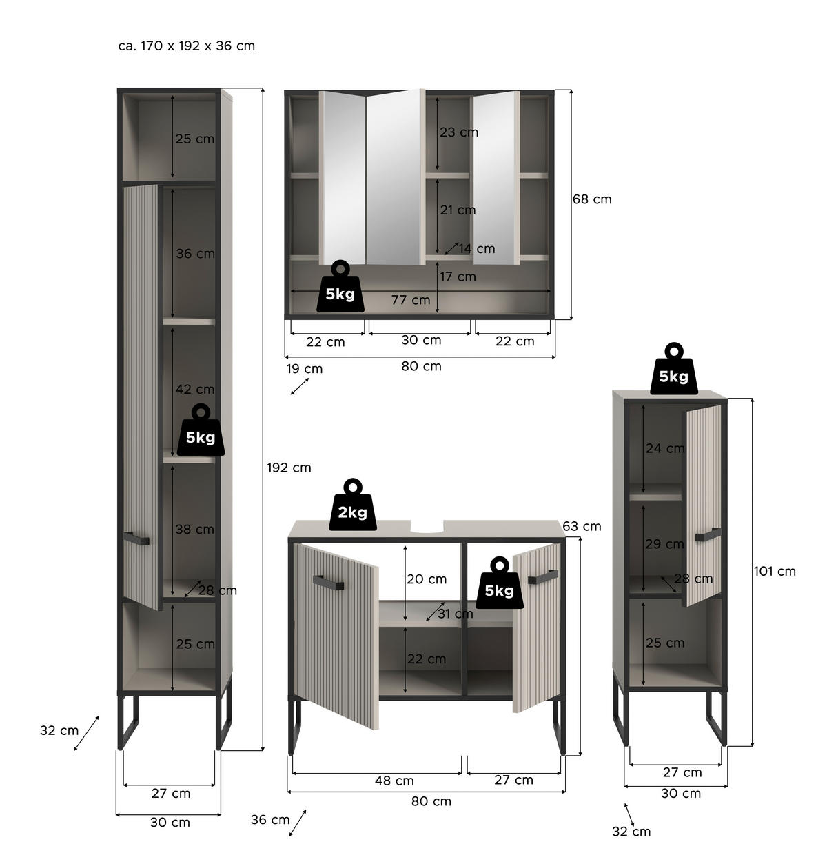 BADEZIMMER 4-teilig  in 140 cm  - Kaschmir/Schwarz, MODERN, Holzwerkstoff/Metall (140cm) - MID.YOU