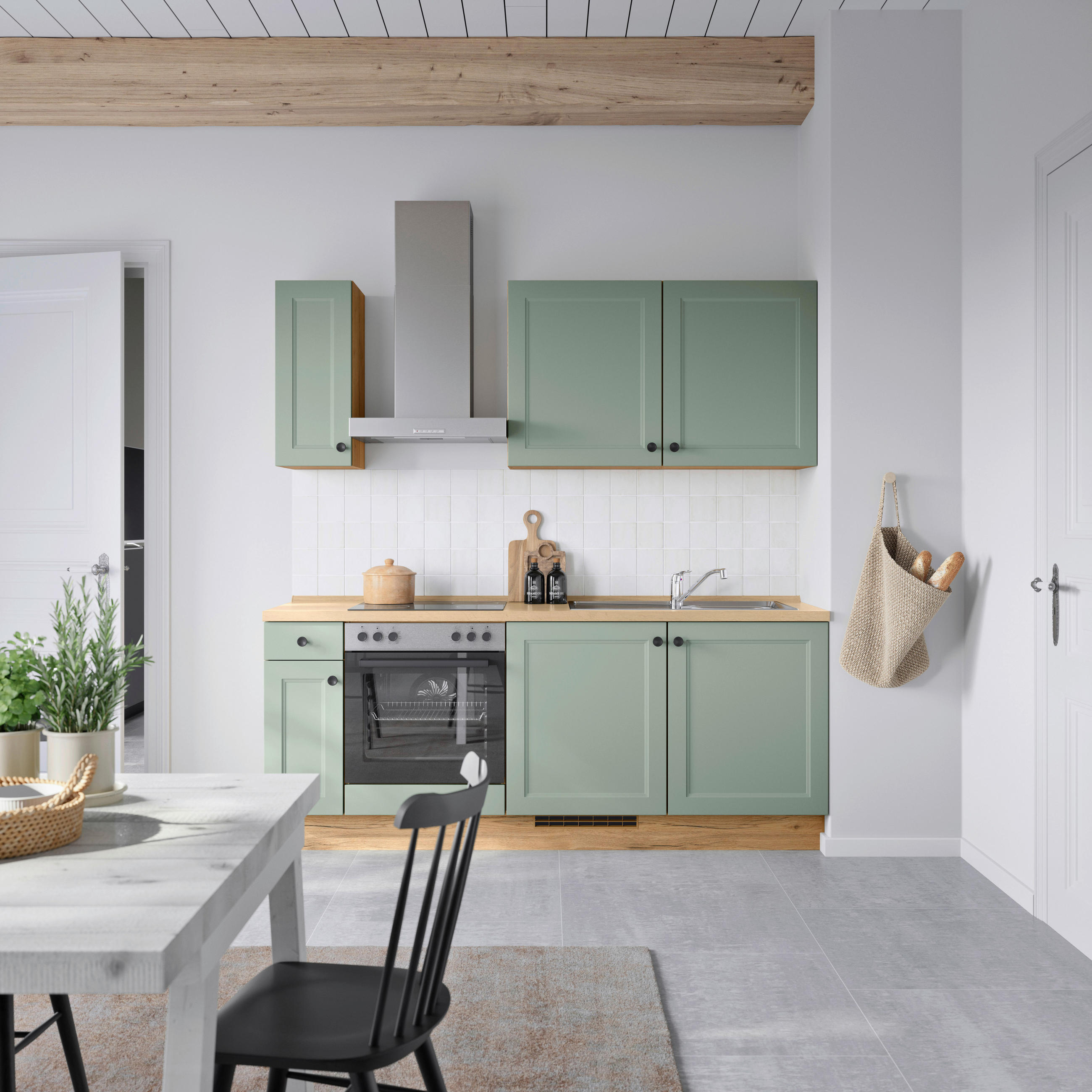 KÜCHENBLOCK 210 cm   in Eichefarben, Schilfgrün  - Schilfgrün/Eichefarben, MODERN, Holzwerkstoff/Metall (210cm) - Nobilia