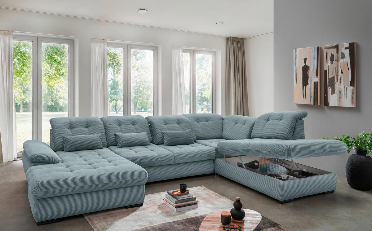 WOHNLANDSCHAFT in Cord Hellblau  - Schwarz/Hellblau, Modern, Textil/Metall (184/387/252cm) - Livetastic
