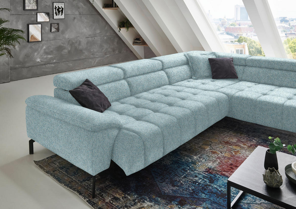 ECKSOFA in Chenille Hellblau  - Schwarz/Hellblau, Design, Textil/Metall (323/222cm) - Beldomo Style