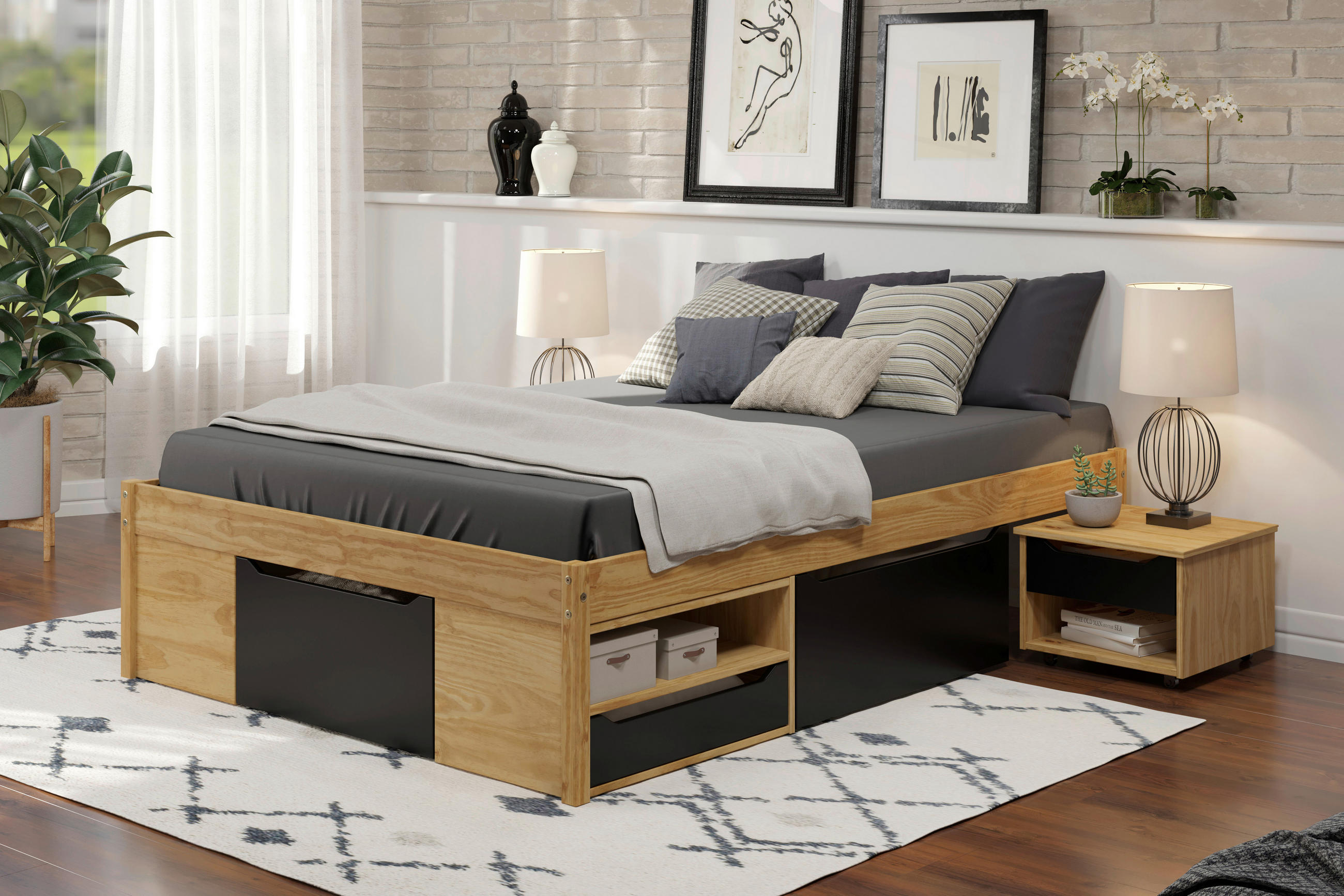 MID.YOU POSTEL S ÚLOŽNÝM PROSTOREM, 140/200 cm, přírodní barvy, černá