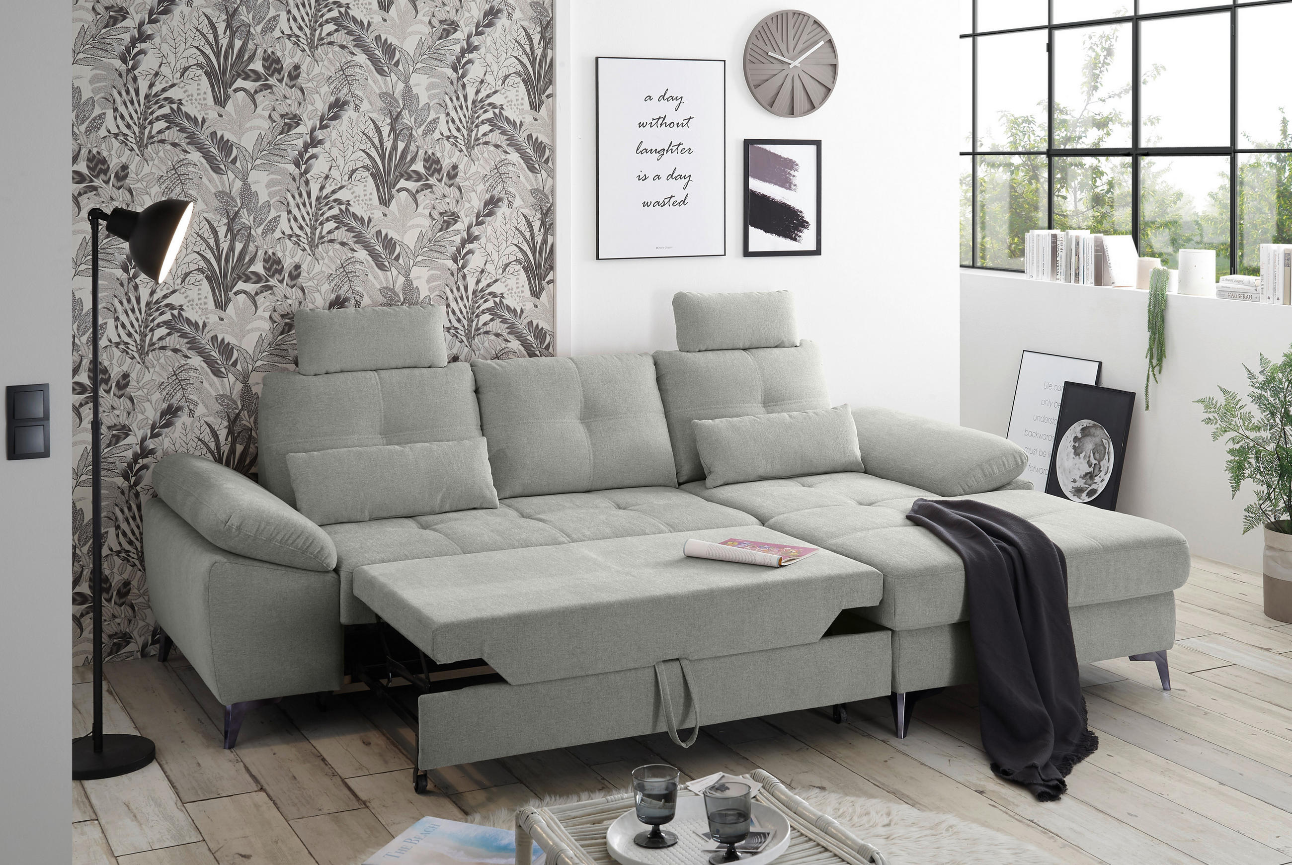 ECKSOFA Hellgrau Mikrovelours  - Chromfarben/Hellgrau, KONVENTIONELL, Kunststoff/Textil (270/170cm) - Carryhome