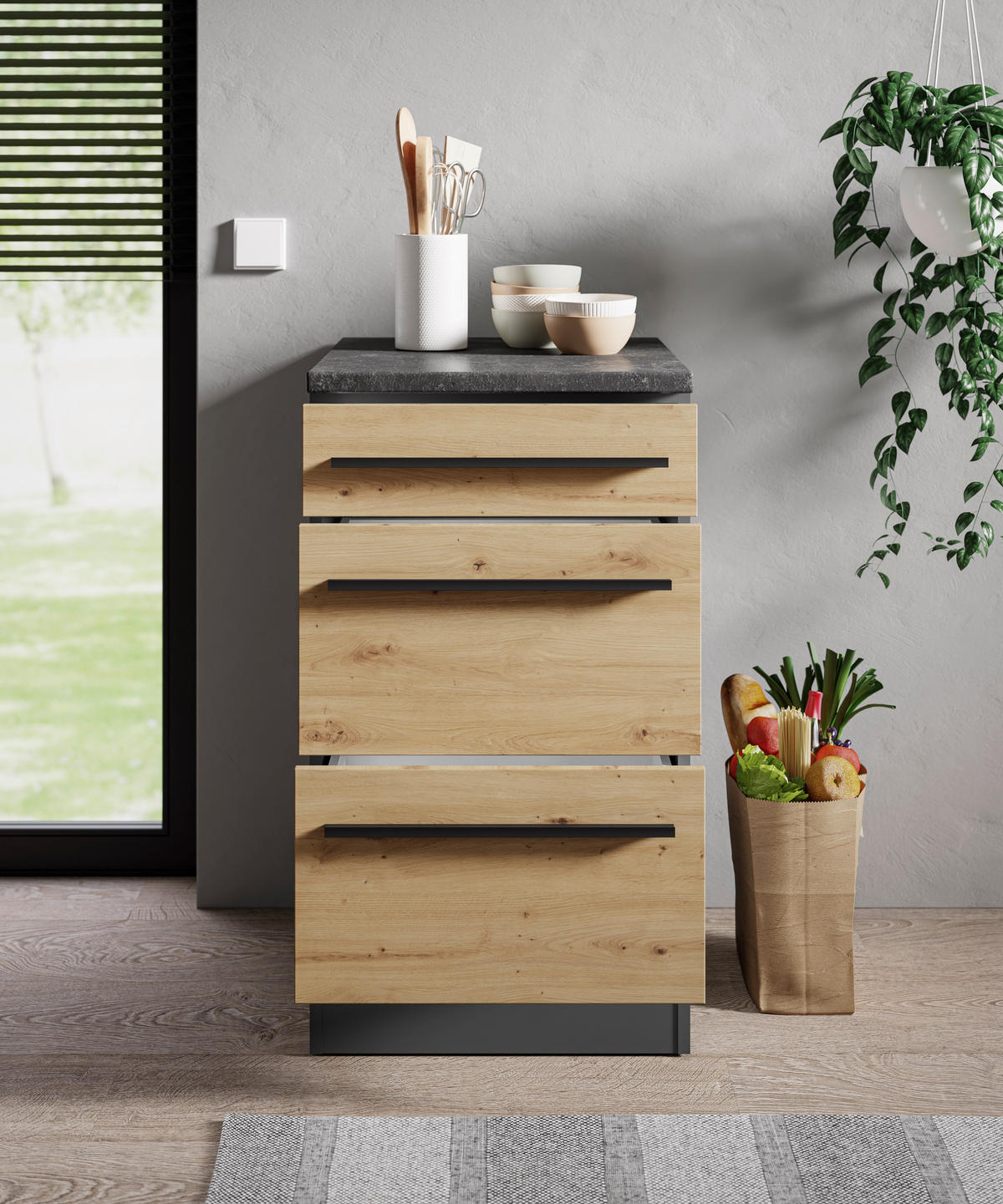 SCHUBKASTENUNTERSCHRANK 50/90/60 cm  in Anthrazit, Eiche Artisan  - Anthrazit/Schwarz, Design, Holzwerkstoff/Kunststoff (50/90/60cm) - P & B