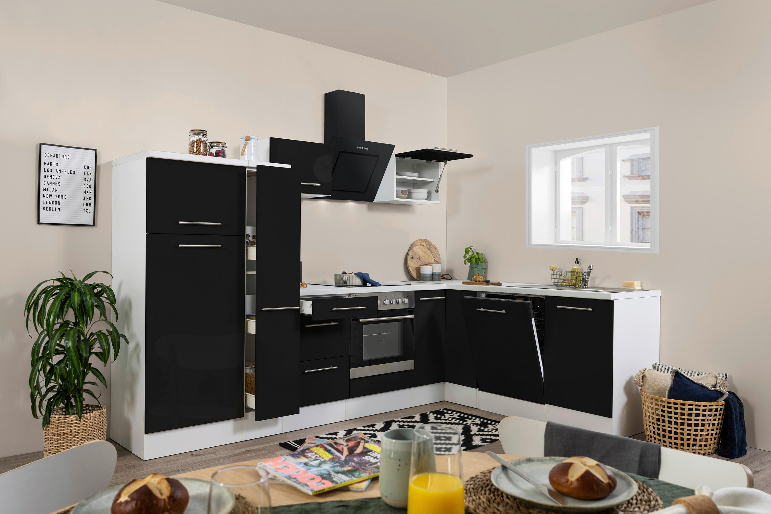 ECKKÜCHE 290/200 cm in Schwarz, Weiß - Edelstahlfarben/Schwarz, KONVENTIONELL, Metall (290/200cm) - Respekta