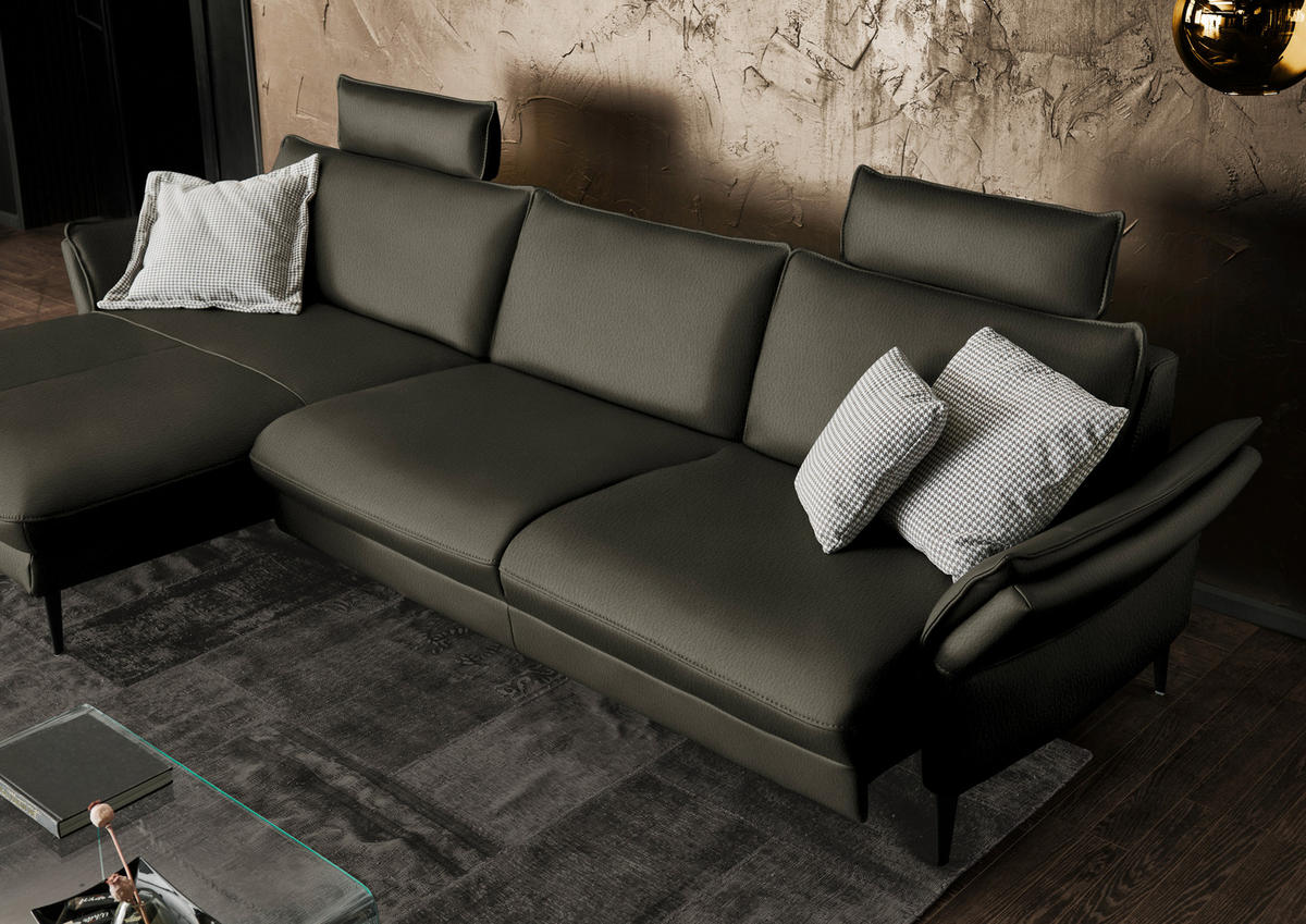 ECKSOFA  in Echtleder Graubraun  172/334 cm  - Graubraun/Schwarz, Design, Leder/Metall (172/334cm) - Hukla