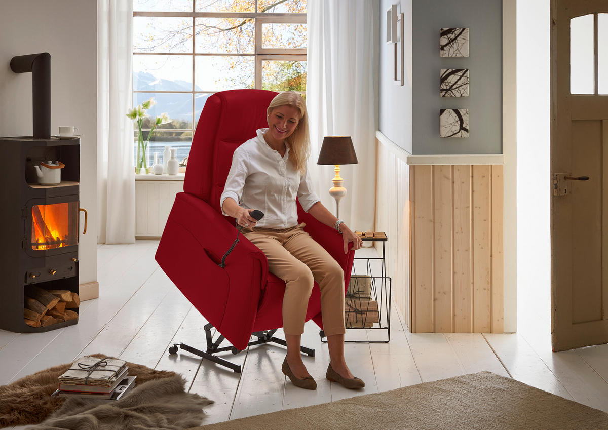 FERNSEHSESSEL Valdera  mit Relaxfunktion, Aufstehhilfe, Rücken echt Echtleder Rot  - Rot/Schwarz, KONVENTIONELL, Leder/Kunststoff (70/107/88cm) - Livetastic