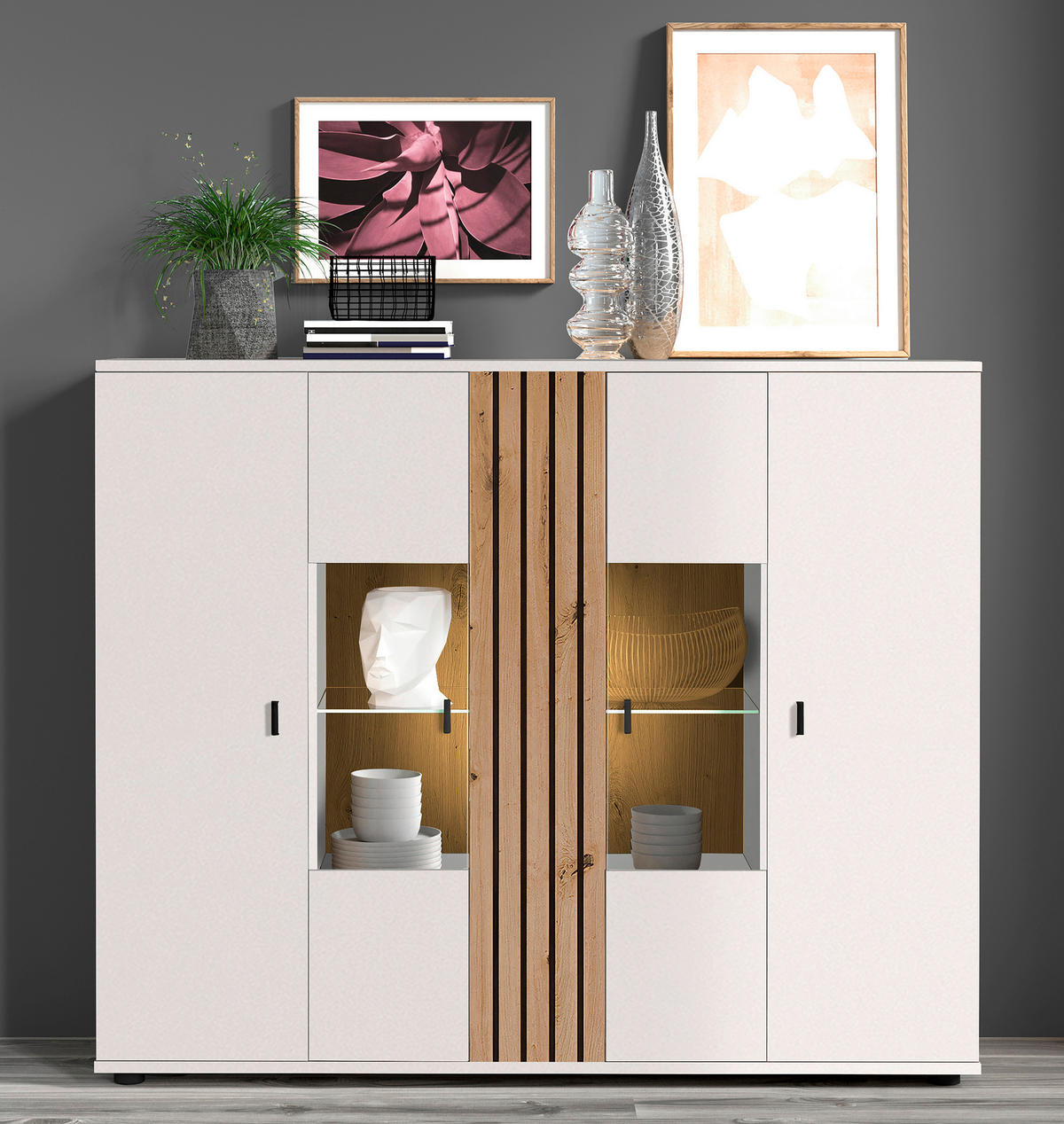 VYSOKÁ KOMODA, biela, dub artisan, 140,1/115/38 cm - čierna/biela, Design, kompozitné drevo/plast (140,1/115/38cm) - Livetastic
