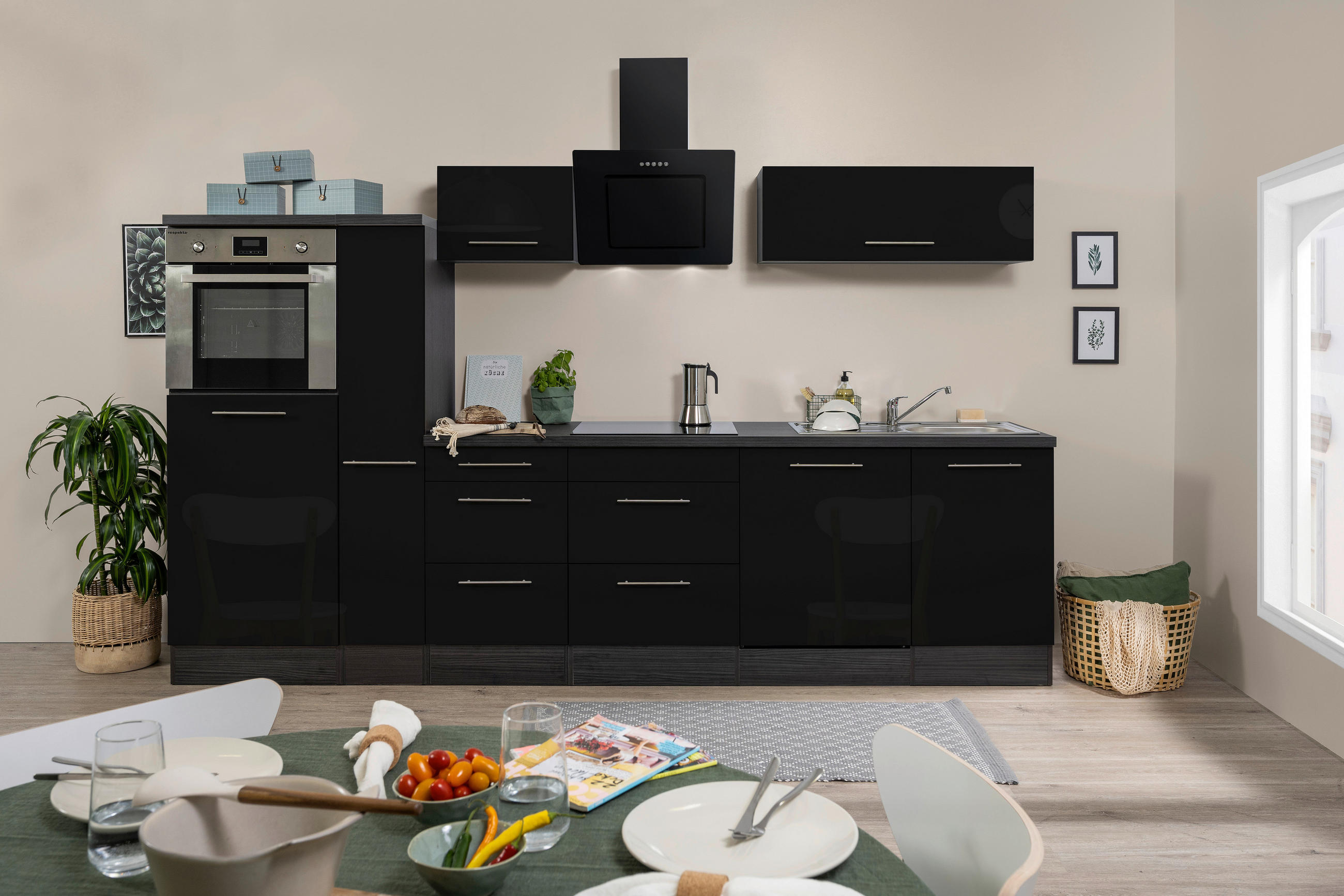 Respekta Küchenblock Premium 2.0 Schwarz, Eiche 310 cm