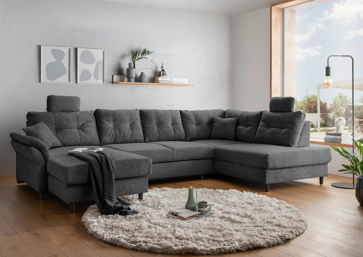 WOHNLANDSCHAFT in Chenille Anthrazit  - Anthrazit/Schwarz, Modern, Holz/Textil (176/338/206cm) - Livetastic
