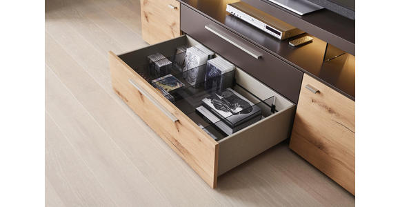 WOHNWAND in Braun, Eichefarben - Edelstahlfarben/Eichefarben, Design, Glas/Holz (295/185/55,7cm) - Dieter Knoll