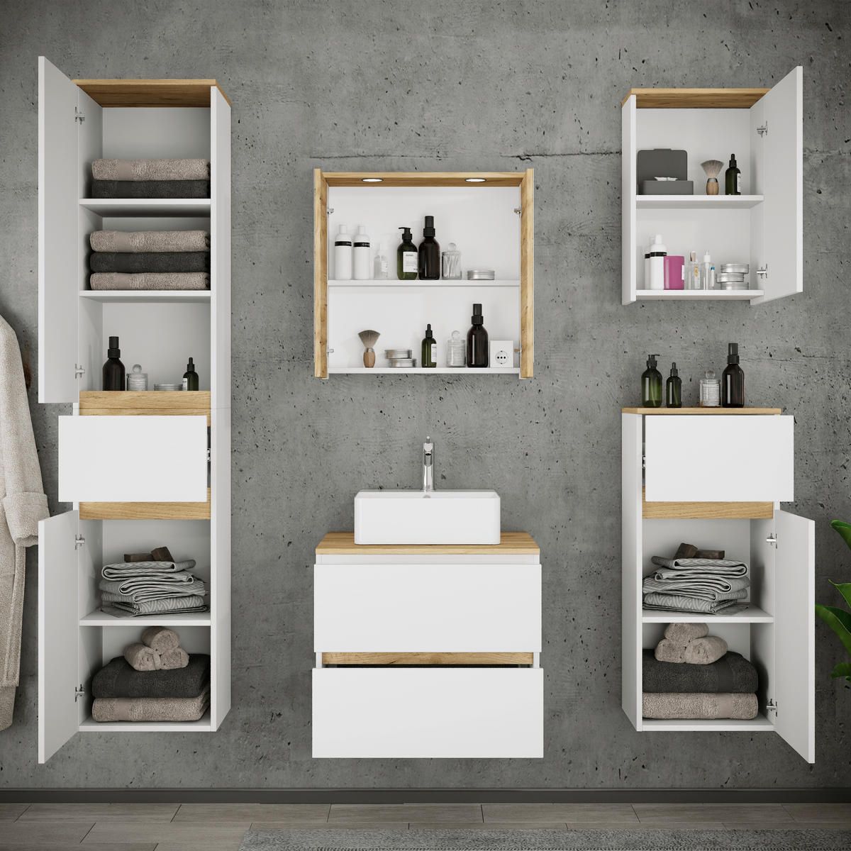 BADEZIMMER 6-teilig 140 cm  - Honigeiche/Weiss, Trend, Keramik/Holzwerkstoff (140cm) - MID.YOU