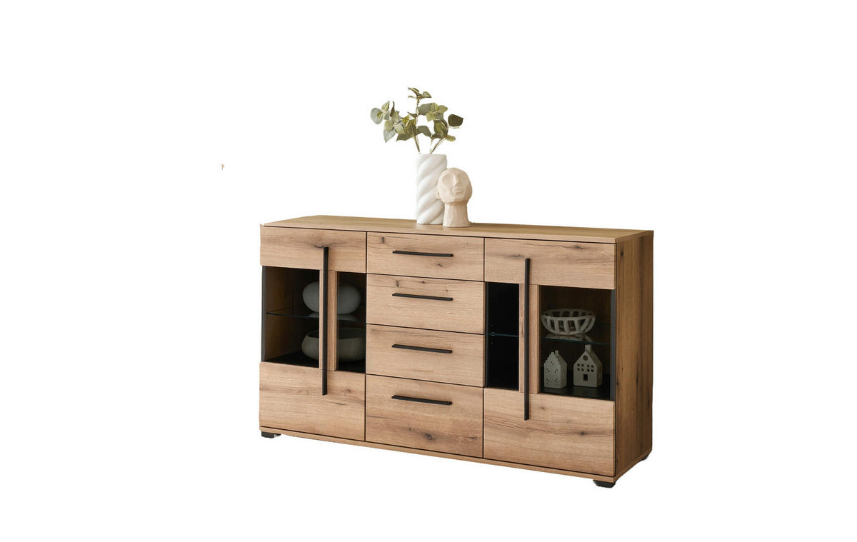 SIDEBOARD  150/86/42 cm 4 Schublade(n)  - Eichefarben/Schwarz, Design, Glas/Holzwerkstoff (150/86/42cm) - Livetastic