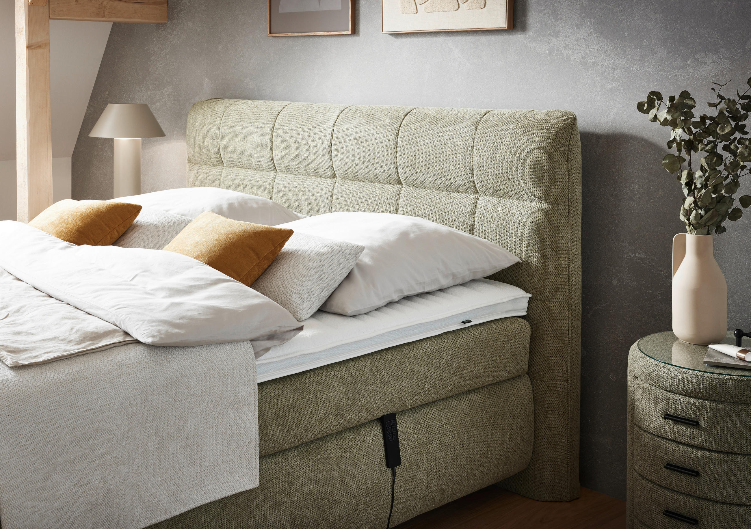 Thumbnail - Dieter Knoll Boxspringbett, Hellgrün, Textil, Uni, H2, 7 Zonen, Höhe ca. 22 cm, 160x200 cm, Made in EU, Topper geteilt, ...