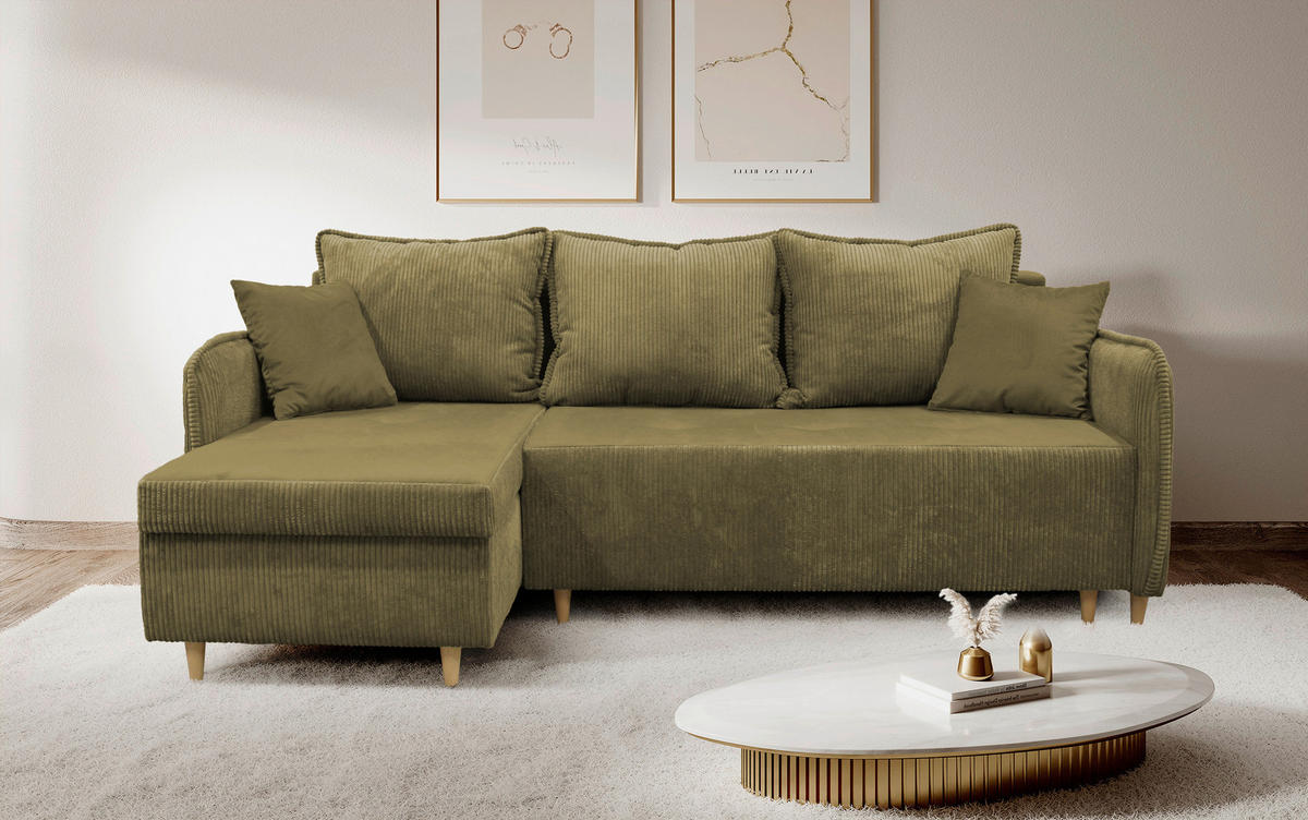 ECKSOFA TEDDY in Cord, Bouclé Grün  142/215 cm  - Naturfarben/Grün, Design, Holz/Textil (142/215cm) - MID.YOU