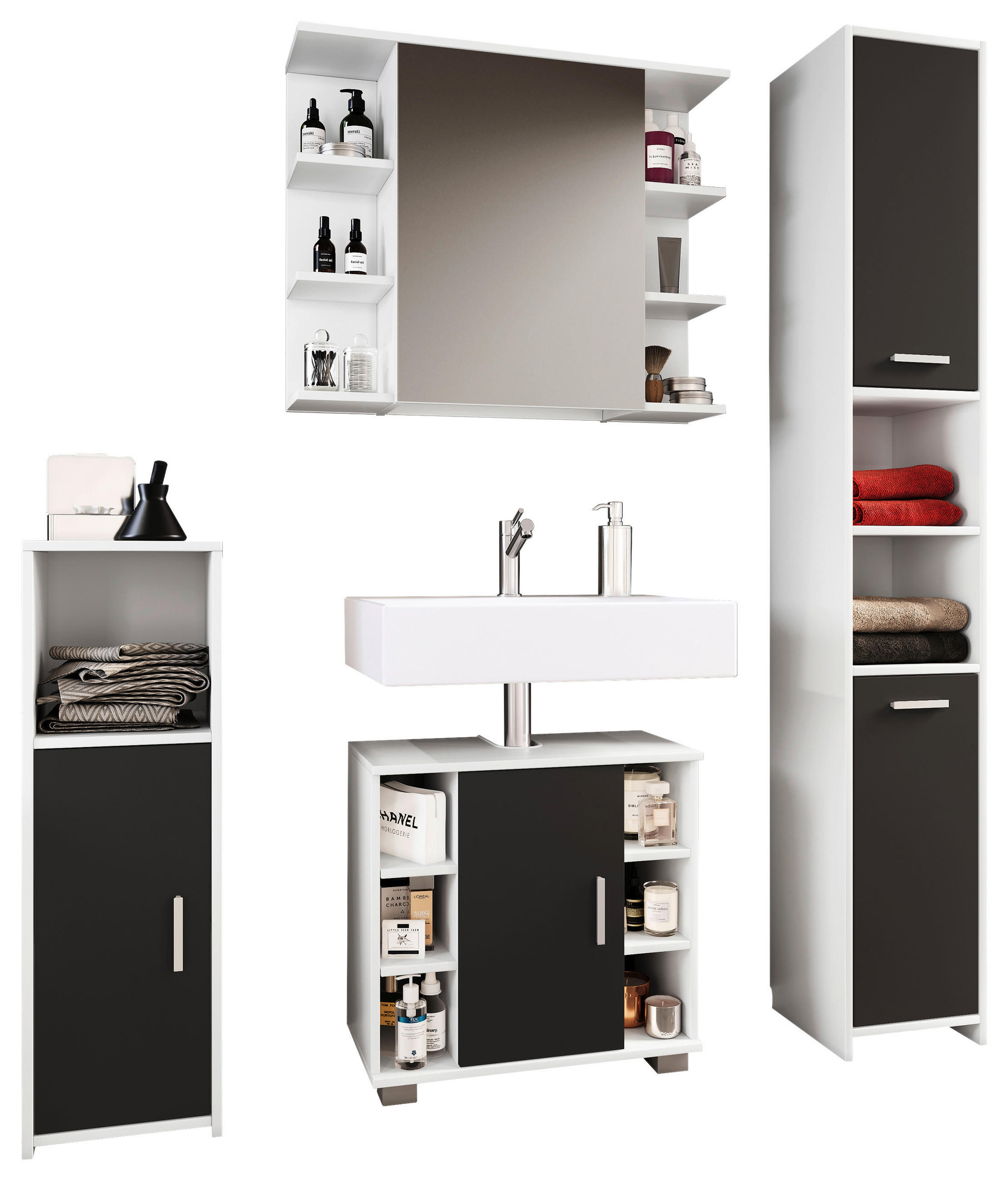 Thumbnail - Mid.you Badezimmer VCM Zalo M, Schwarz, Weiß, Holzwerkstoff, 4-teilig, 120 cm, stehend, Spiegel mit Ablage, Badezimmer, ...